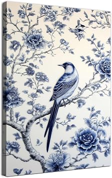 Blue Bird Small Canvas Wall Art Vintage Animal Pictures Botanical Bird Prints Vintage Floral Poster Tree Artwork Branch Flower Birds Canvas Painting Blue Birds Watercolor Print 16x24inch No Frame