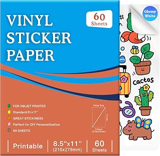 Aevdor 60-Sheet Glossy White Printable Vinyl Sticker Paper, 8.5x11, Inkjet