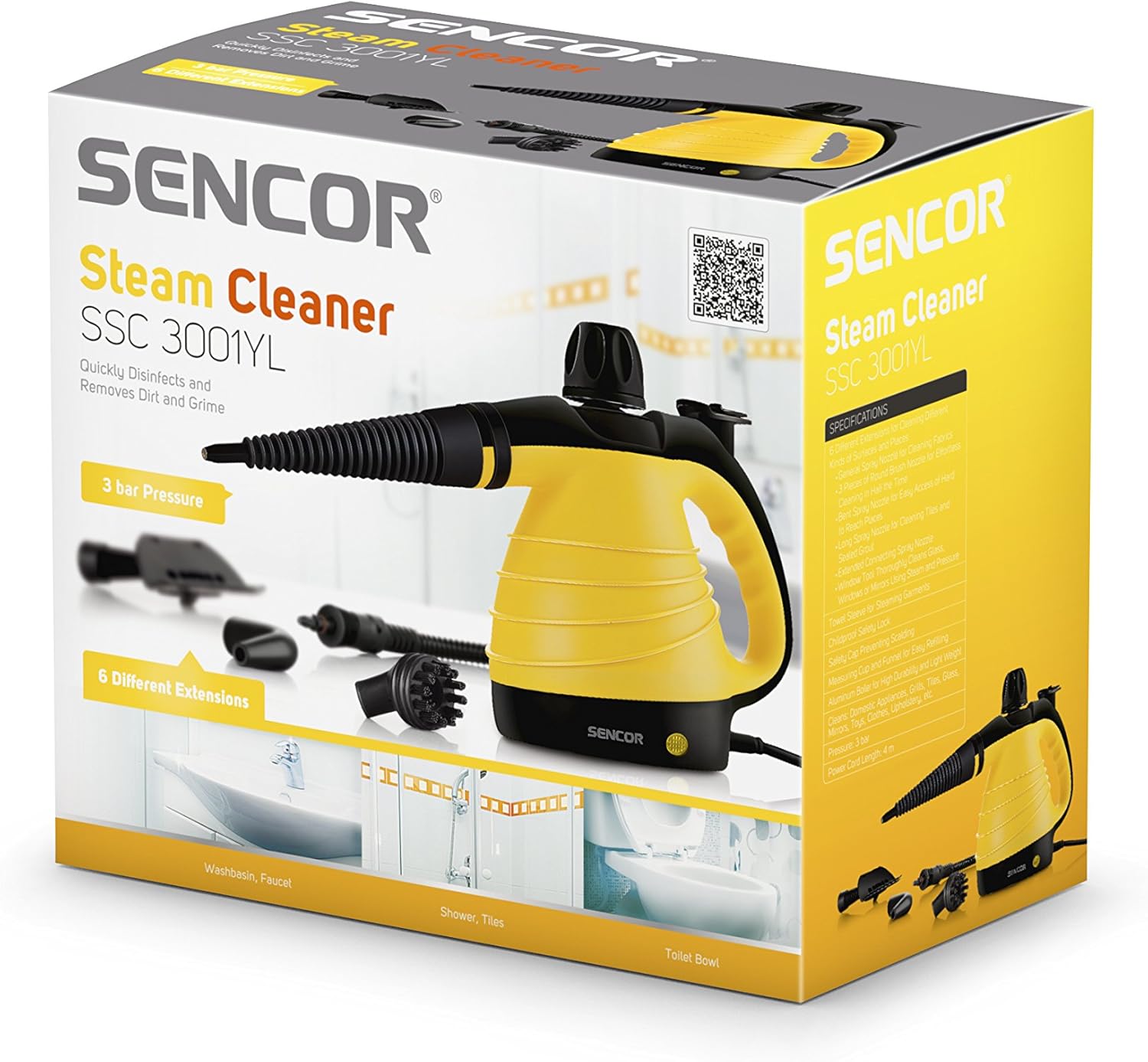 Sencor SSC 3001YL Steam Cleaner product box showing the yellow and black unit with accessories and specifications.