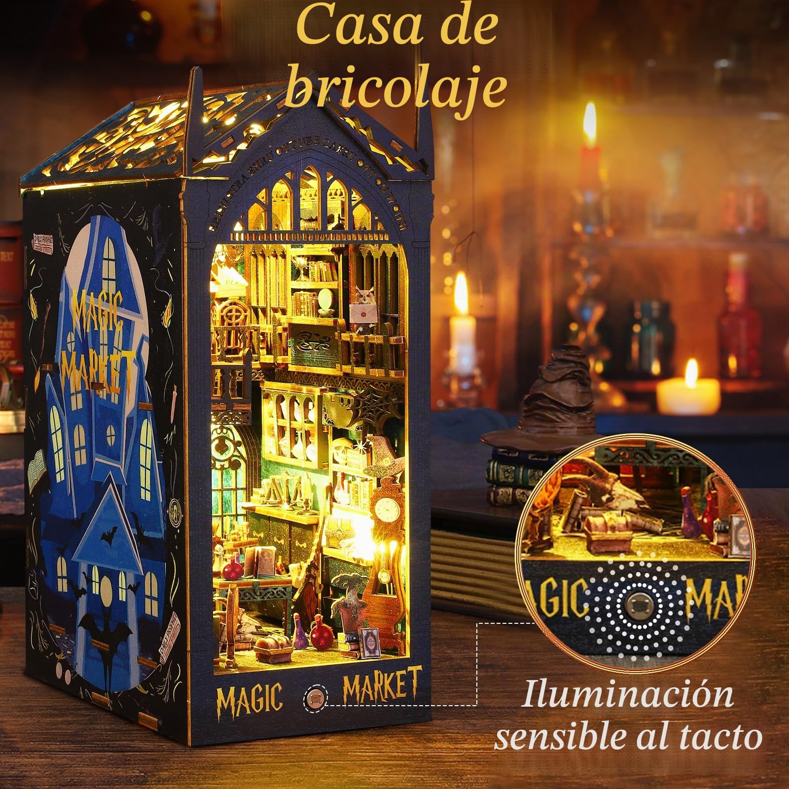 BuzzoXerex Kit Book Nook, Casa Miniatura DIY, Casa Miniatura de Madera, Kit Rincón de Libros 3D en Miniatura con Muebles y Luces LED para Decoración del Hogar Regalos Creativos (Magic Bazaar)
