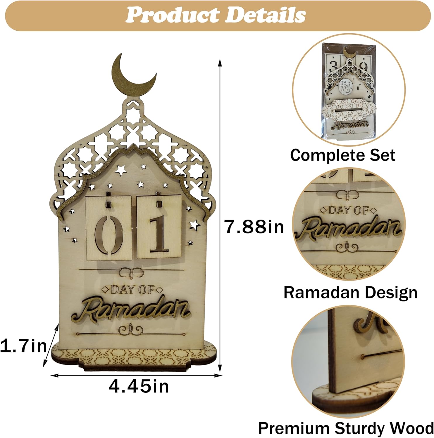 Ramadan Countdown Calendar Wooden, Eid Decoration for Home, Ramadan Day Counter for Mubarak Desk Decor, Office Tabletop Centerpiece, Islamic Tabletop Mosque Design Display with Crescent Moon - Image 2