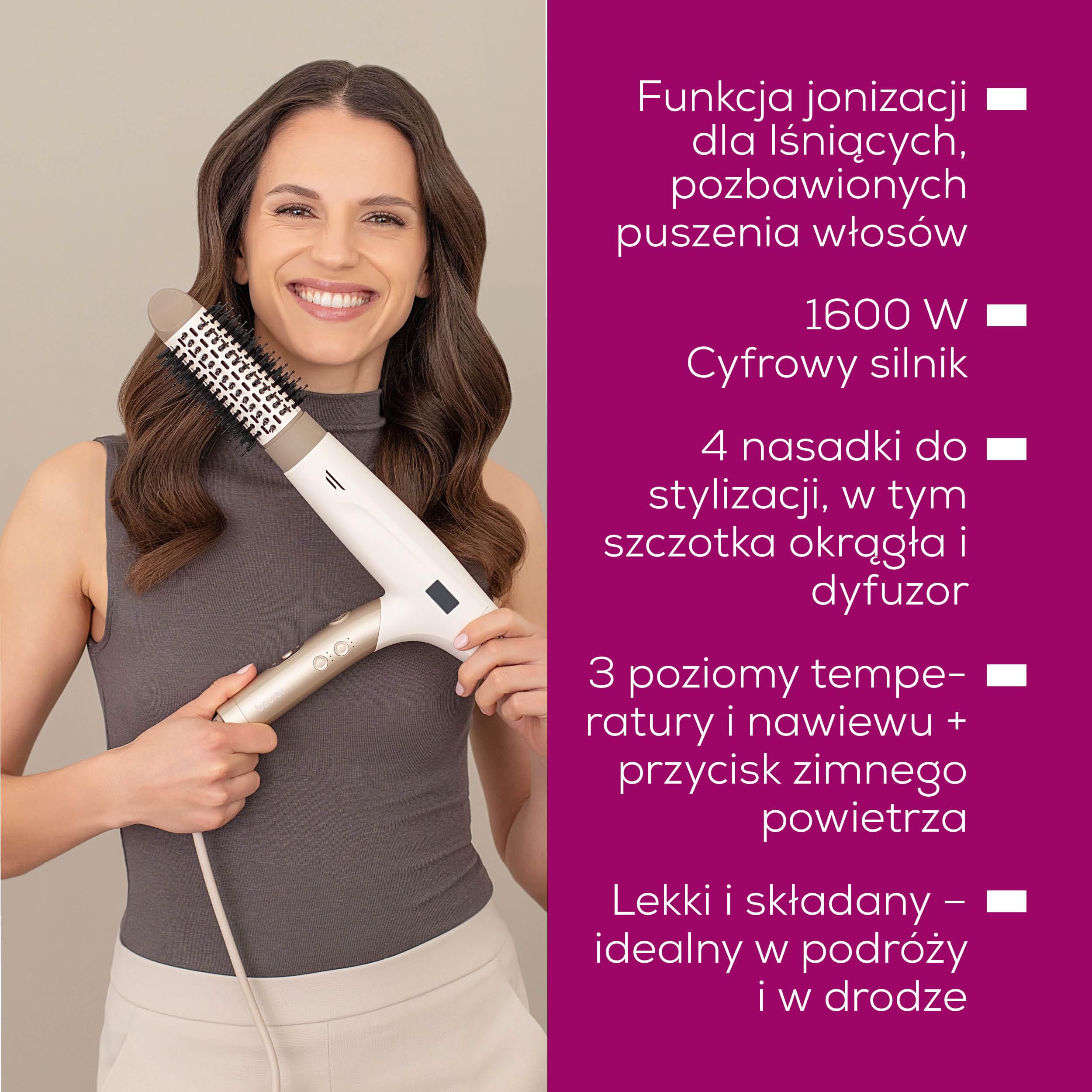 Beurer HC 150 FusionDry Pro Suszarka do włosów, ultralekka suszarka do włosów z wydajnym silnikiem cyfrowym, ergonomiczna, składana rączka idealna w podróży, w tym 4 akcesoria do stylizacji