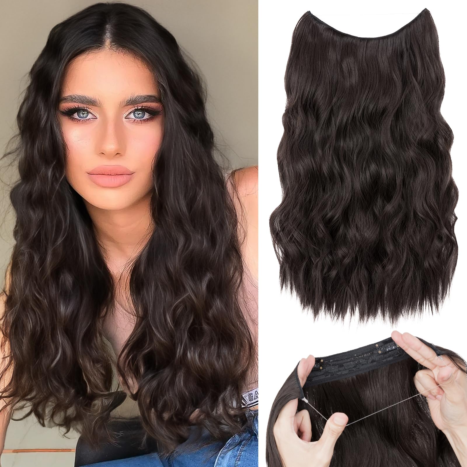 TESS Secret Wire Hair Extension Wavy Invisible One Piece Synthetic Hair Extensions Curly Full Thick Long Adjustable Hairpieces for Women (Dark Brown