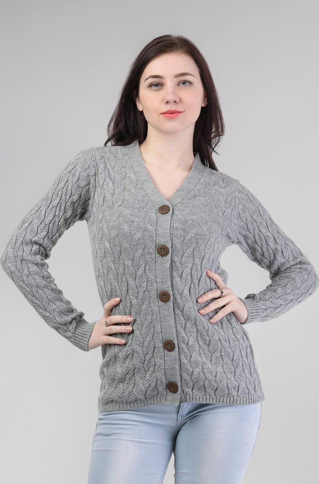 Women Full Sleeves Cable Button Acrylic V-Neck Sweater