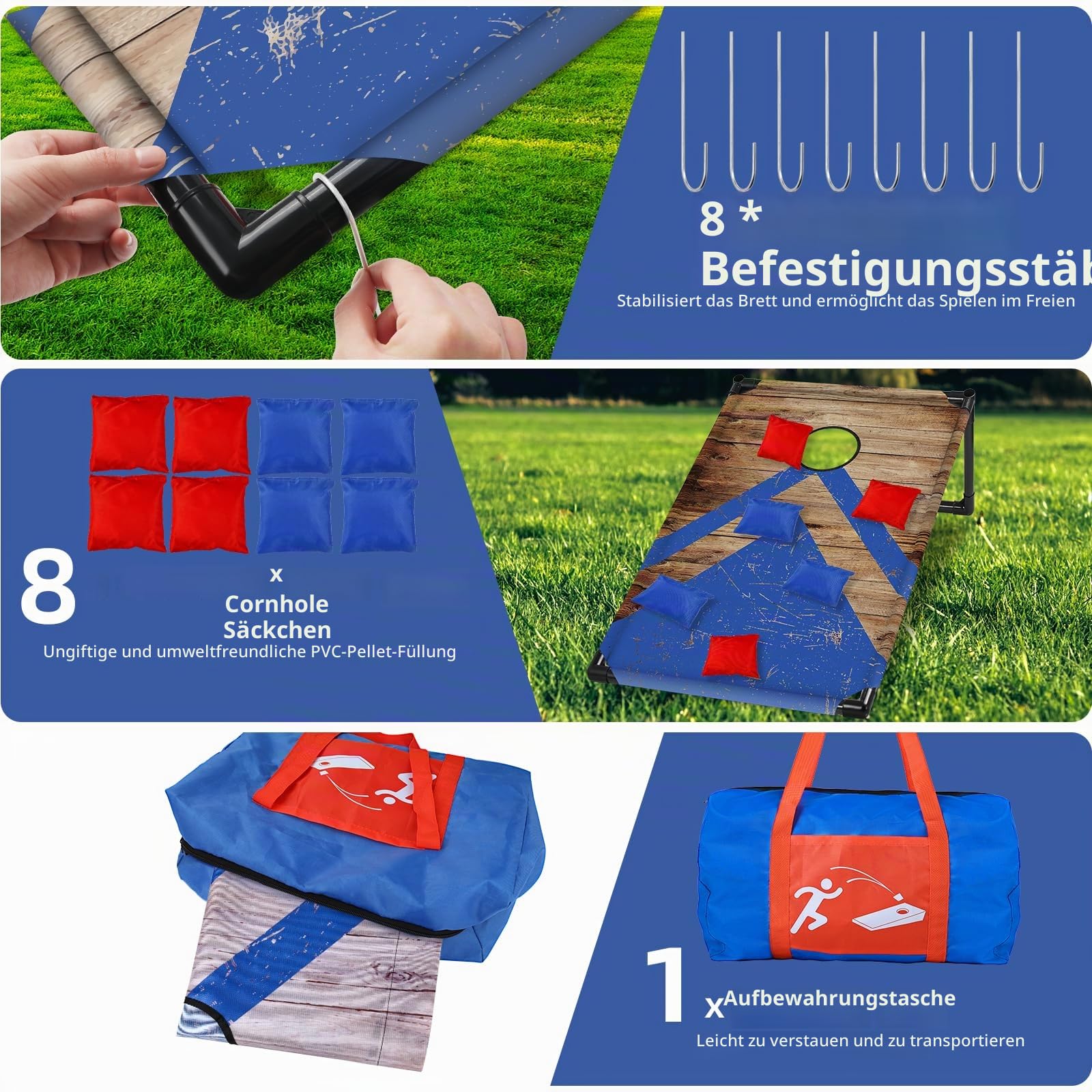 NZQXJXZ Cornhole Spiel Outdoor, Tragbar Cornhole Toss Set mit 8 Cornhole Säckchen und Tragetasche für Erwachsene, Familie, Garten, Rasen, Strand, Camping, 3 x 2 Ft