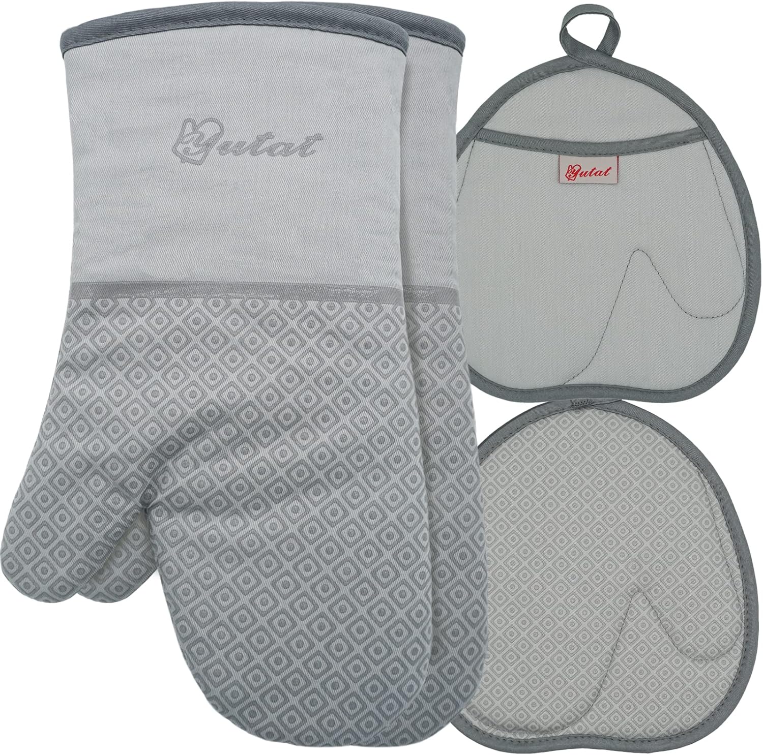Yutat Oven Mitts - Oven Mitts and Pot Holders Sets Made of Non-Slip Silicone & BPA-Free Silicone, High Heat Resistant 500 Degrees, Perfect for Kitchen Cooking Baking BBQ, 4Pcs Set, Light Grey