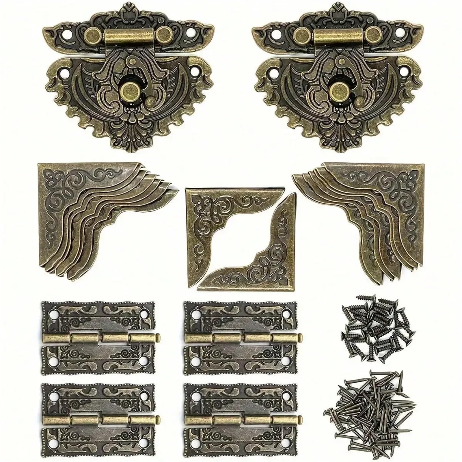 Antique Furniture Lock 4sets/44pcs Retro Decorative Cabinet Jewelry Box Hasp Latch Lock Buckle Mini Box Hinges and Box Corner Protectors with Screws