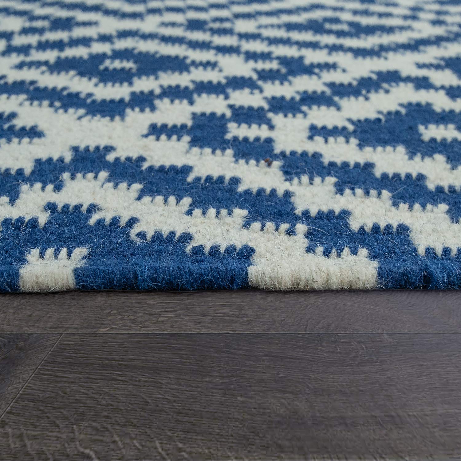 Paco Home Teppich Modern Marokkanische Muster Handgewebt Skandi Rauten Fransen Blau Weiß, Grösse:80x150 cm