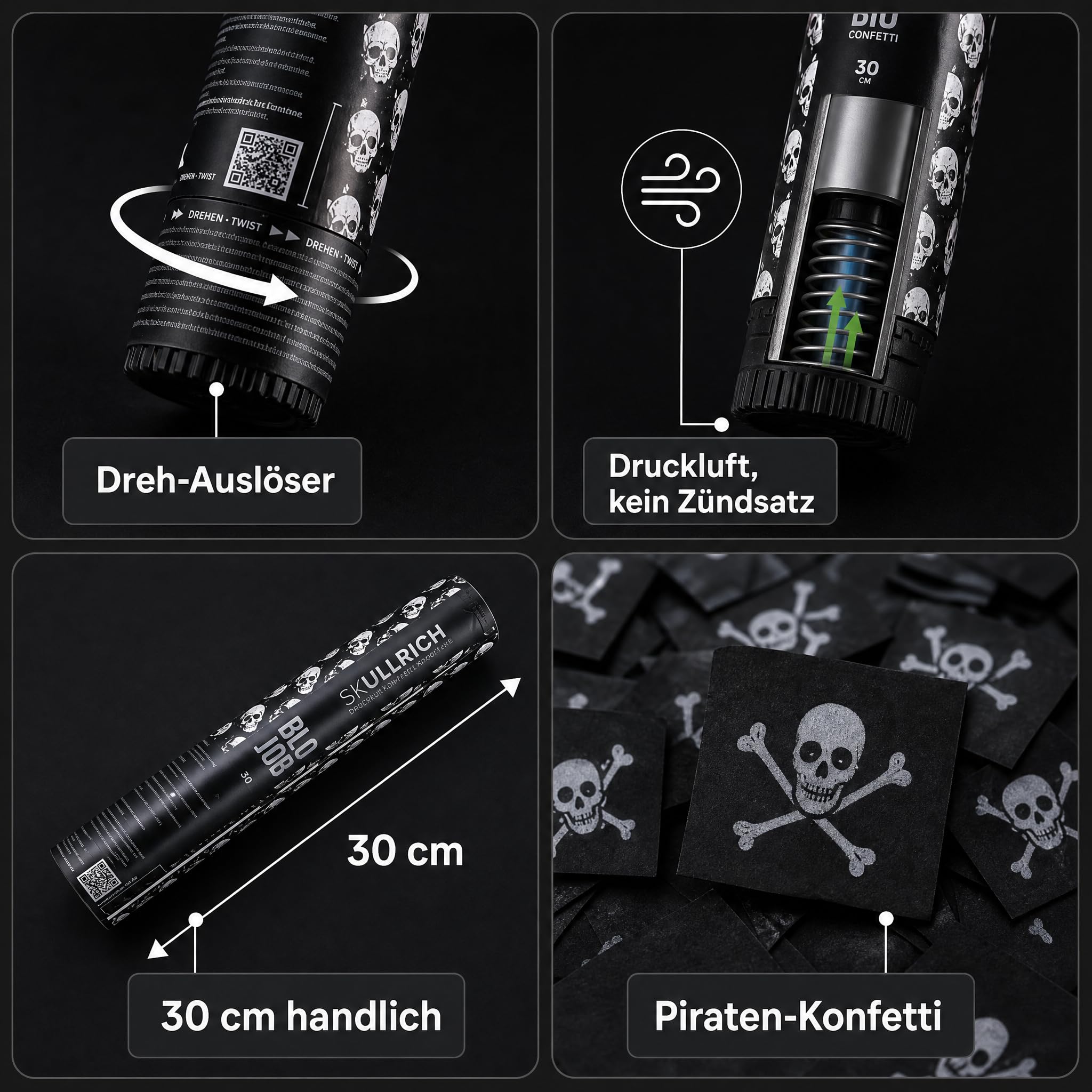 Pyroland 6 Stück Konfettikanone Skullrich 80 cm, schwarzes Konfetti mit Piratenflagge, lustiger Party Popper für Halloween, Mottoparty und Geburtstag