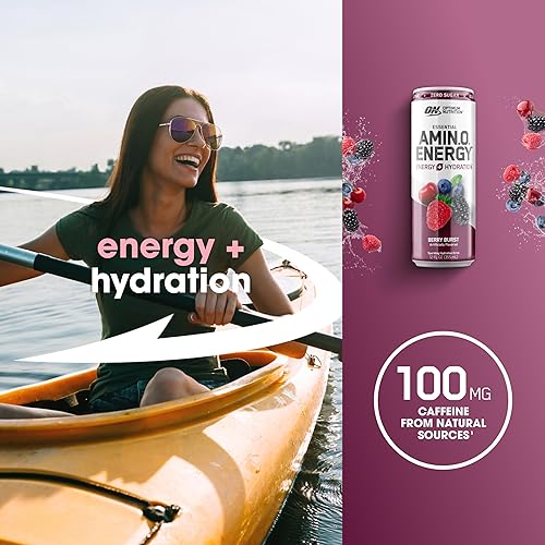 Miniatura 4 de Optimum Nutrition Amino Energy - Bebida de hidratación espumosa, electrolitos, cafeína, aminoácidos, BCAAs, sin azúcar, explosión de bayas, 12 onzas