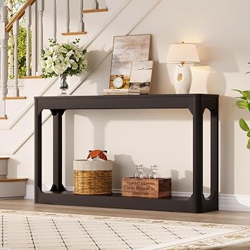 Knocbel Long Sofa Console Table with Bottom Open Storage Shelf, Narrow Wooden Entryway Hallway Foyer Sofa Couch Side Table, Easy Assembly Black 55"