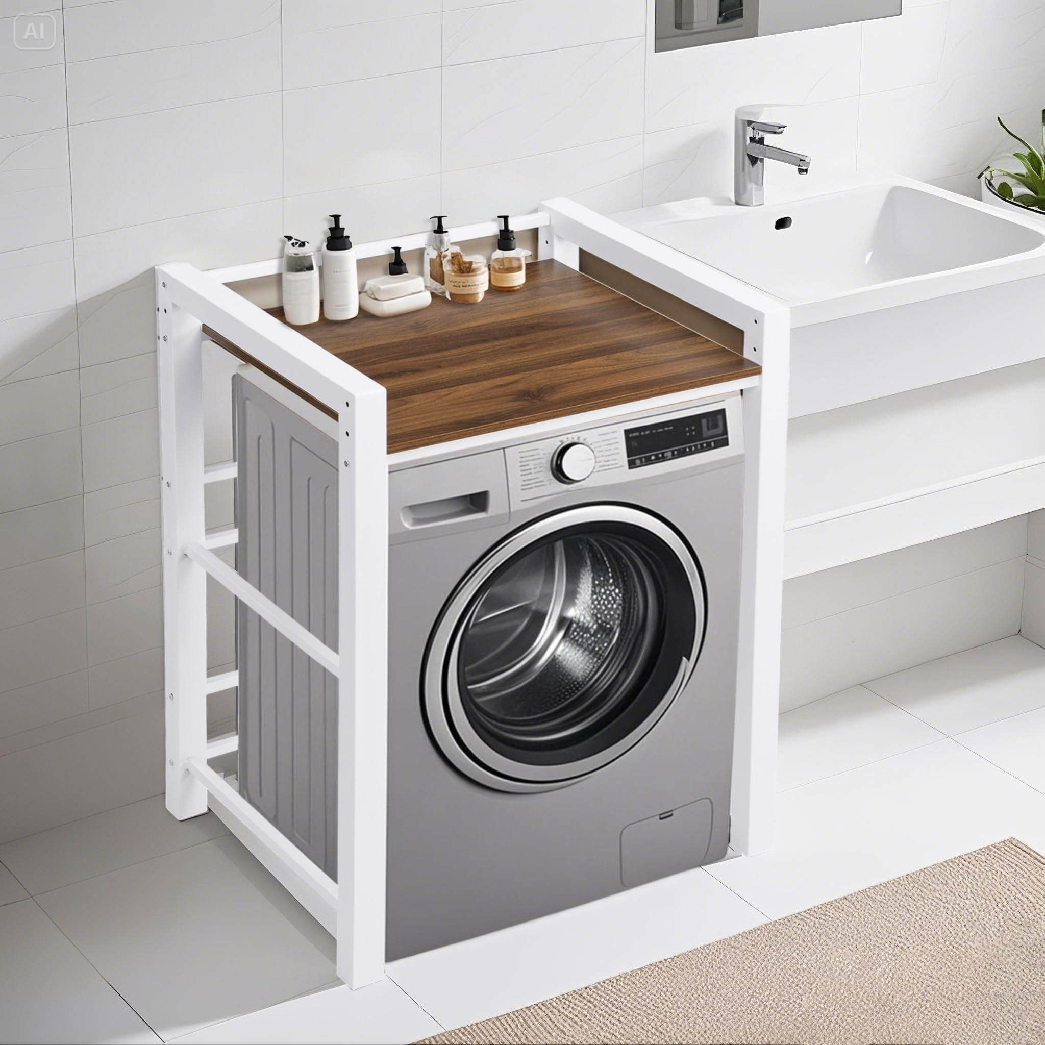 OVLRIJP Wasmachinerek, verstelbaar, droogkast, rek voor wasmachine met 3 instelbare hoogtes, draagvermogen 350 kg, kast voor wasmachine en droger, 75 x 67 x 105 cm (zwart