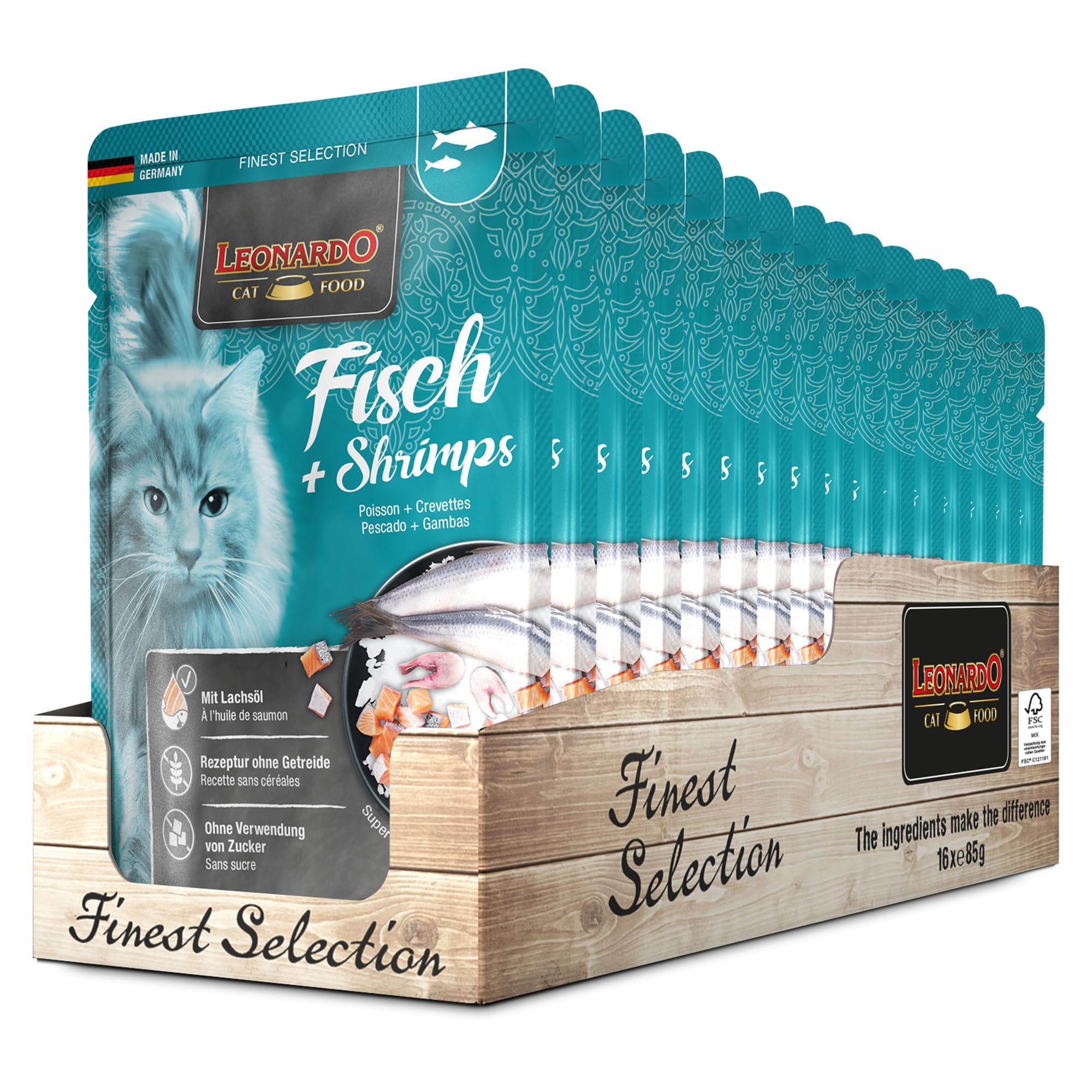 LEONARDO Frischebeutel [16x85g Fisch & Shrimps] | Getreidefreies Nassfutter für Katzen | Feuchtfutter Alleinfutter im Einzelportionsbeutel