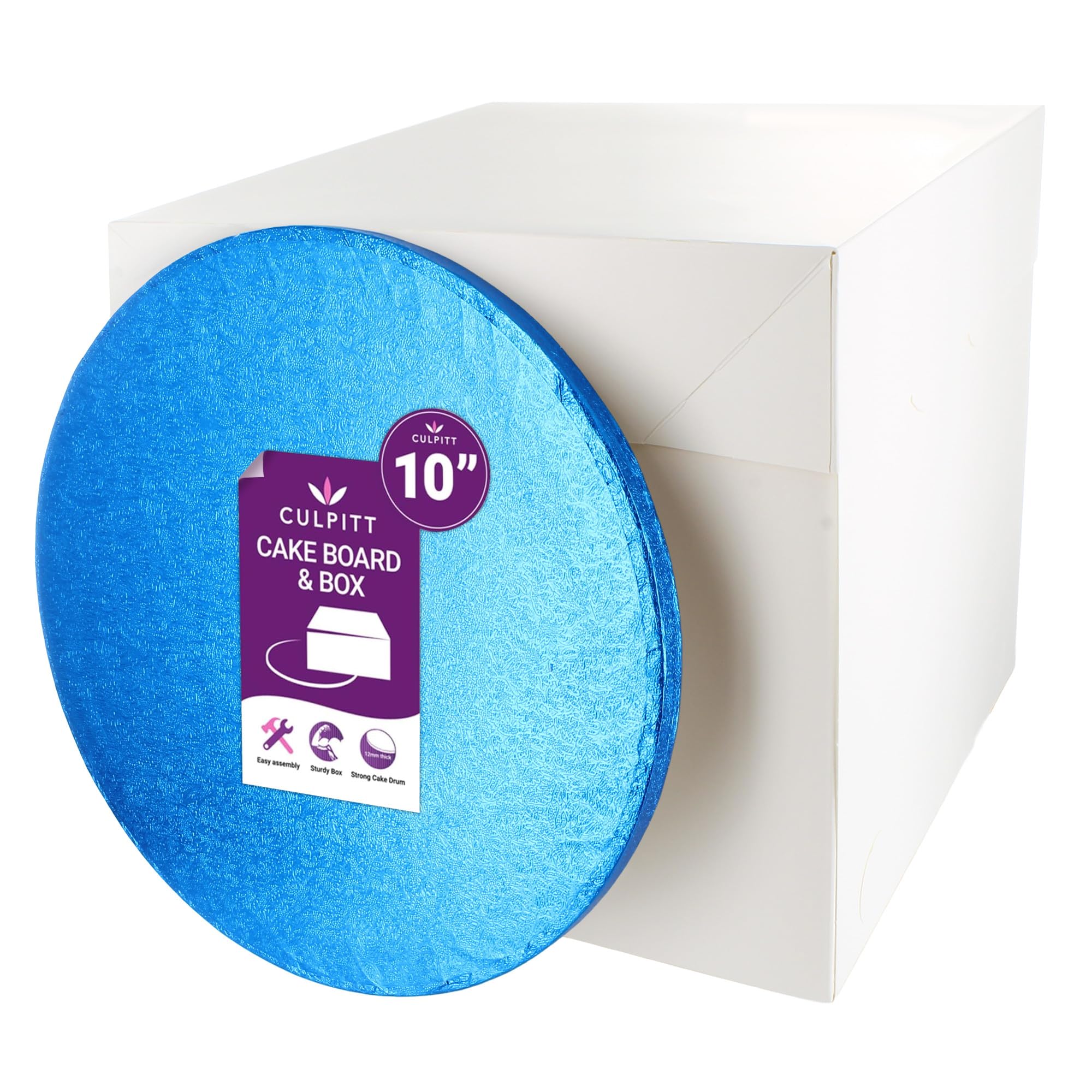 Culpitt Dark Blue Board & Tall Box Set | 10" | Tall White Cake Box & Coloured Drum, Box And Colourful Cake Board, Storage & Transport Combo For Decorated & Tiered Cakes