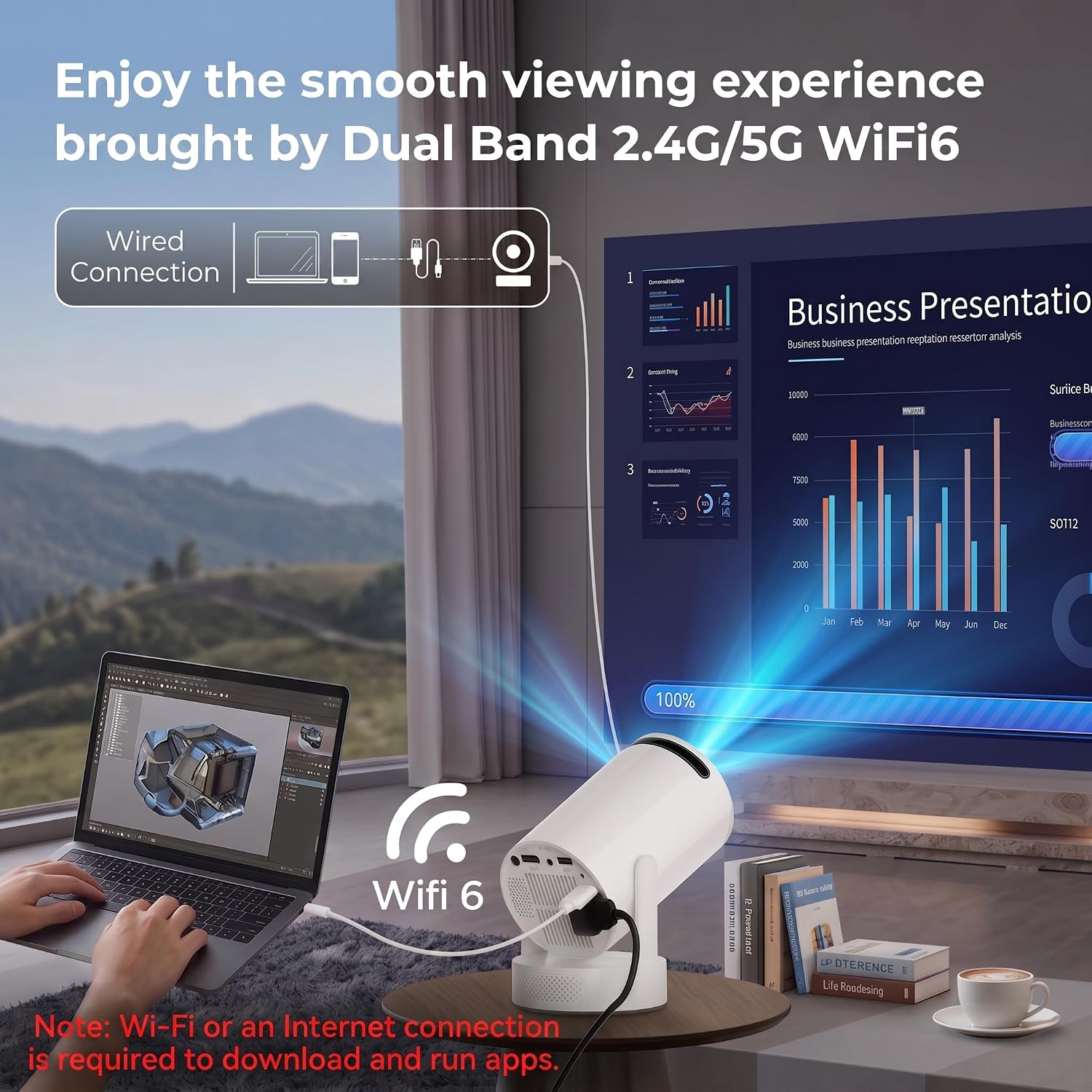 Mini Projector with WiFi and Bluetooth, 4K Support Portable Movie Projector, 180 ANSI Lumen, Android 13, Auto Keystone Correction, 30"-200" Screen Video Projector for Outdoor/Bedroom