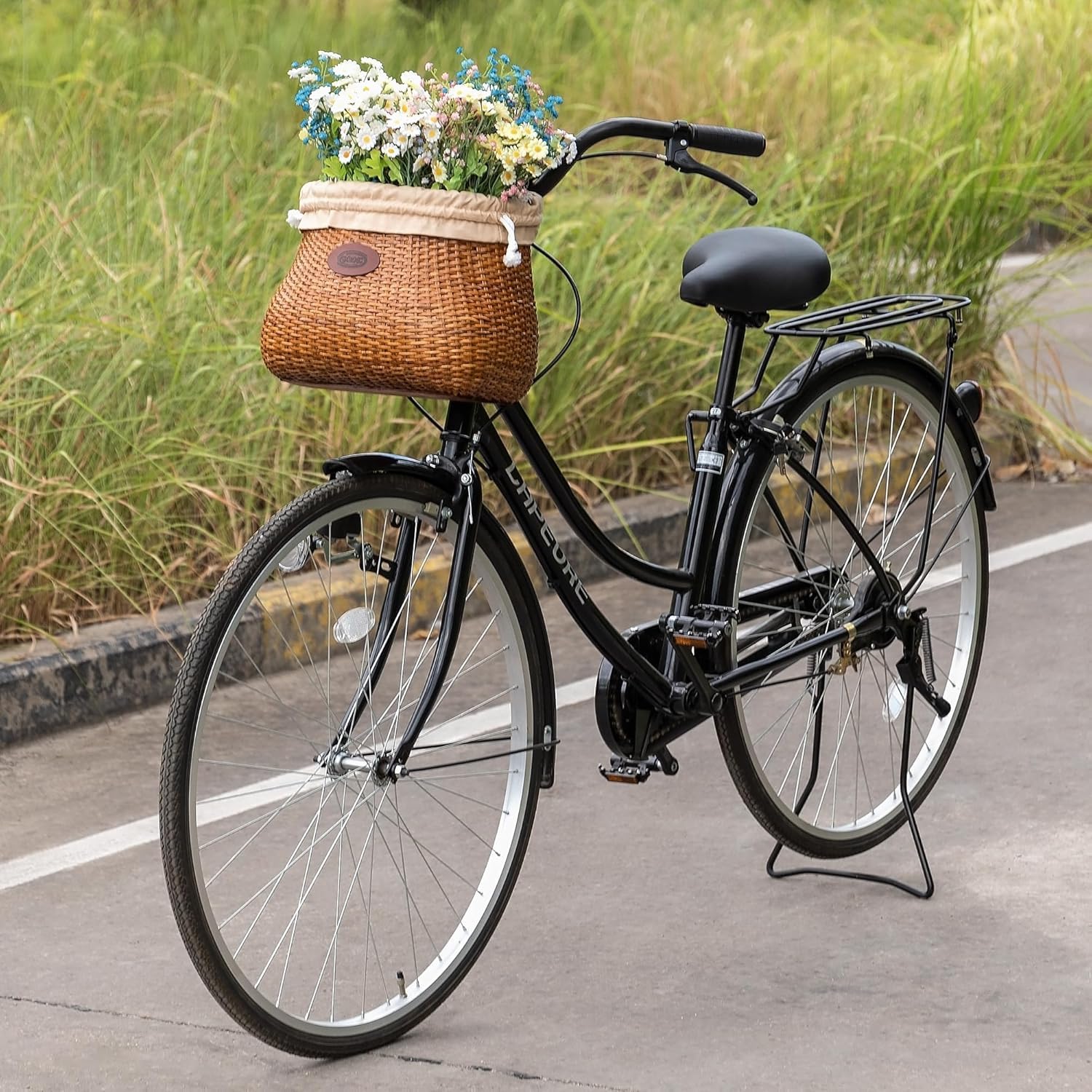 CXWXC Cesta de Bicicleta – Cestas de ratán Hechas a Mano para niñas y Mujeres – Cesta Frontal para Bicicleta con Soporte para Taza de café para Crucero de Playa, Scooter, Bicicleta eléctrica