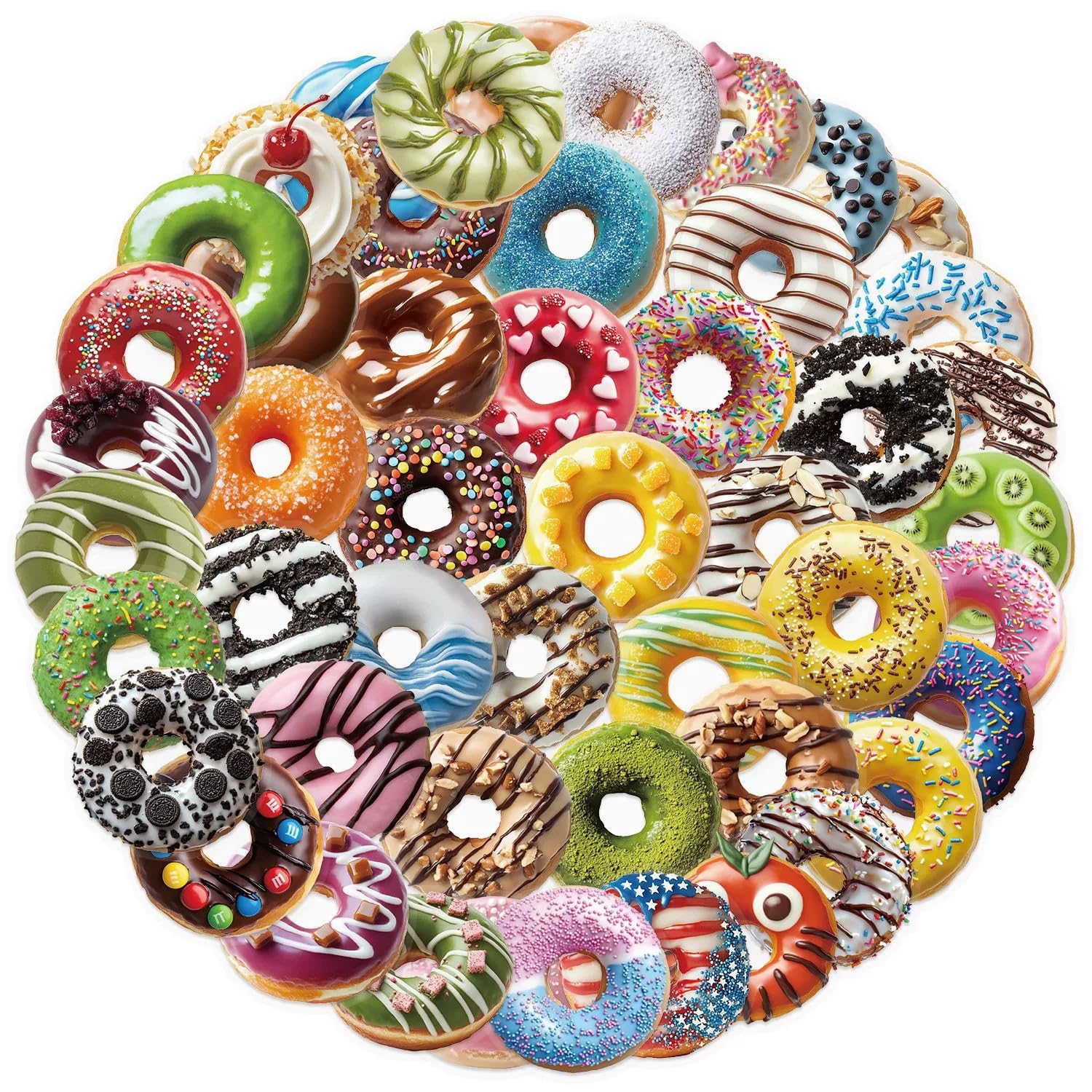 Donut Stickers for Laptop(50 PCS),Gift for Children Teens Adults Girl Boys,Doughnut Transparent Waterproof Stickers for Skateboard,Scrapbook,Bike,Phone,Computer,Luggage Water Bottle Guitar