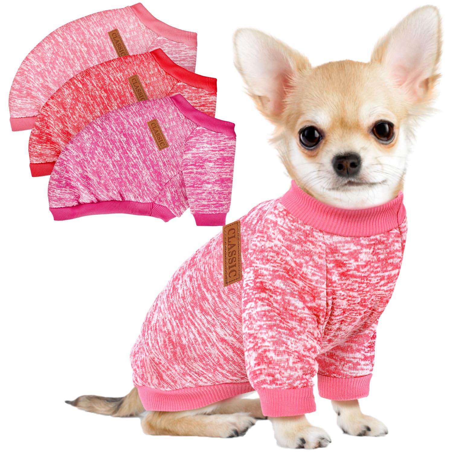 Photo 1 of 3 Pack Dog Sweaters for Small Dogs Girl Boy Winter Fleece Clothes Warm Soft Dog Sweatshirt Outfit for Dogs Cats Pet Apparel (Rose+Red+Pink, Small)
