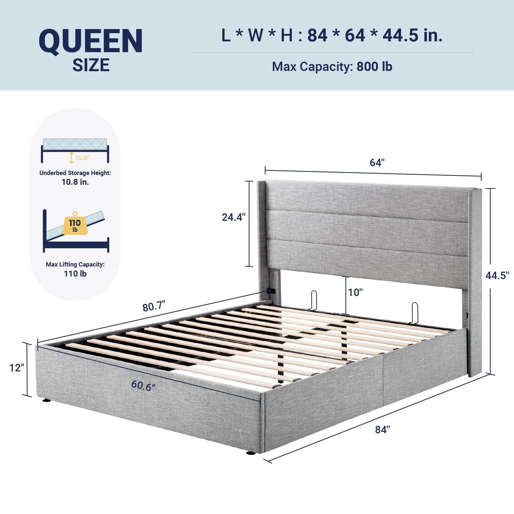 Novilla Queen Size Lift Up Storage Bed, With Fabric