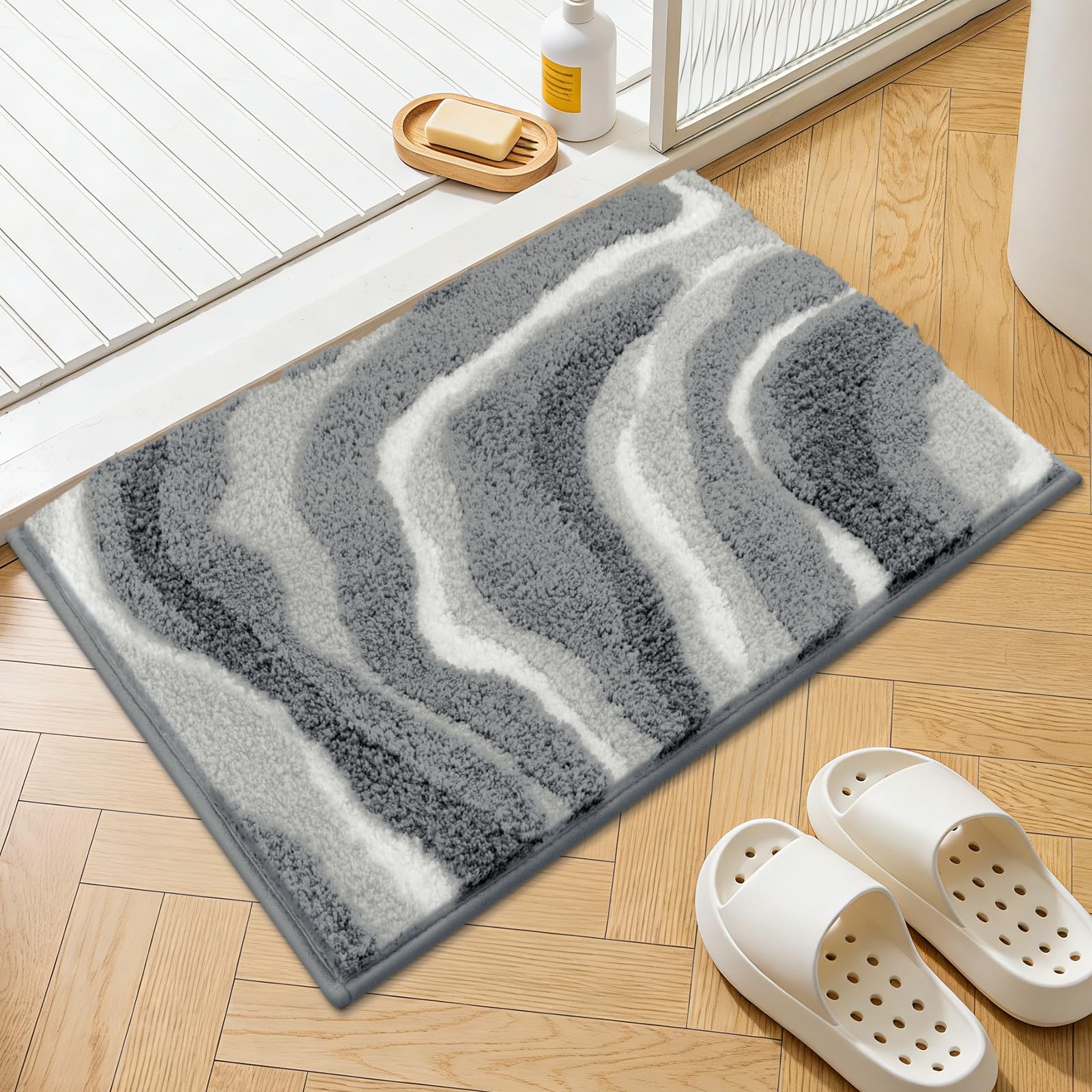 Enyhom Grande Tapis Salle de Bain Antidérapant 80 x 120 cm, Tapis de Salle de Bain Gris en Microfibre Super Absorbant, Extra Doux Epais et Lavable en Machine, Tapis Douche pour Baignoire, Salon