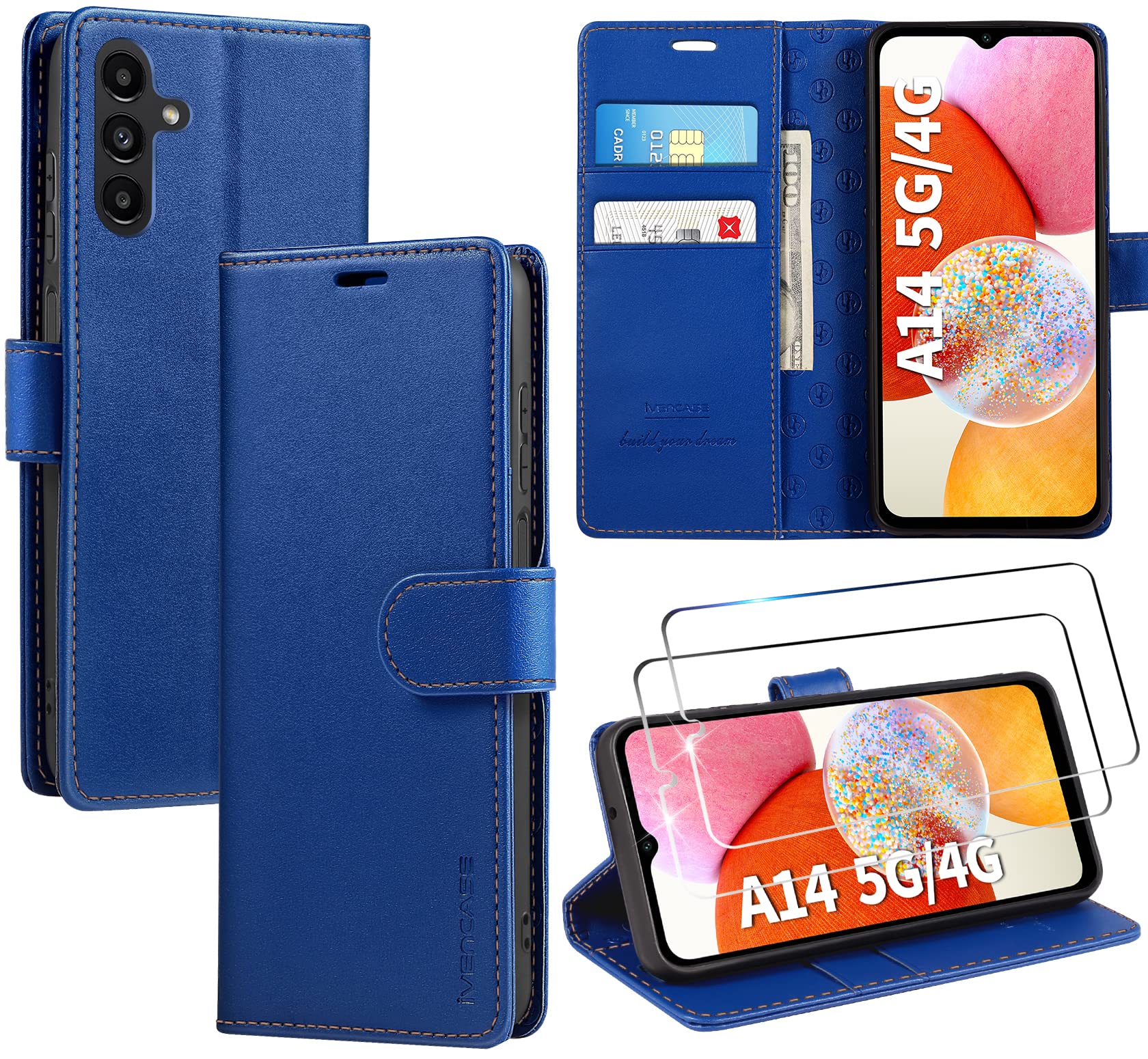 ivencaseCompatible with Samsung Galaxy A14 4G / 5G Case and 2 Tempered Glass Screen Protector, Leather Wallet Phone Case with Card Slots Magnetic Closure Kickstand Cover for Samsung A14 - Blue
