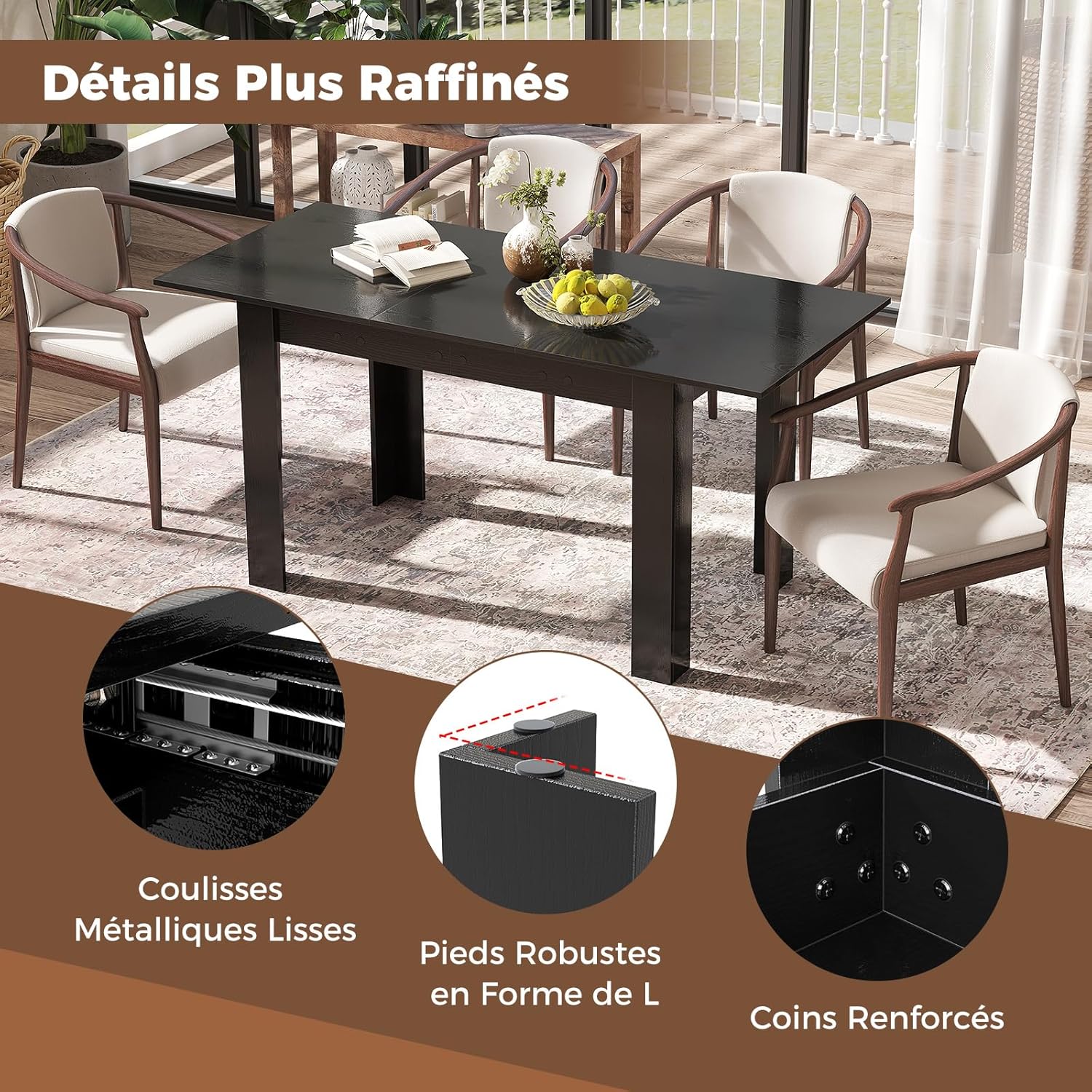 Close-up of table construction details: smooth metal slides, L-shaped legs, reinforced corners