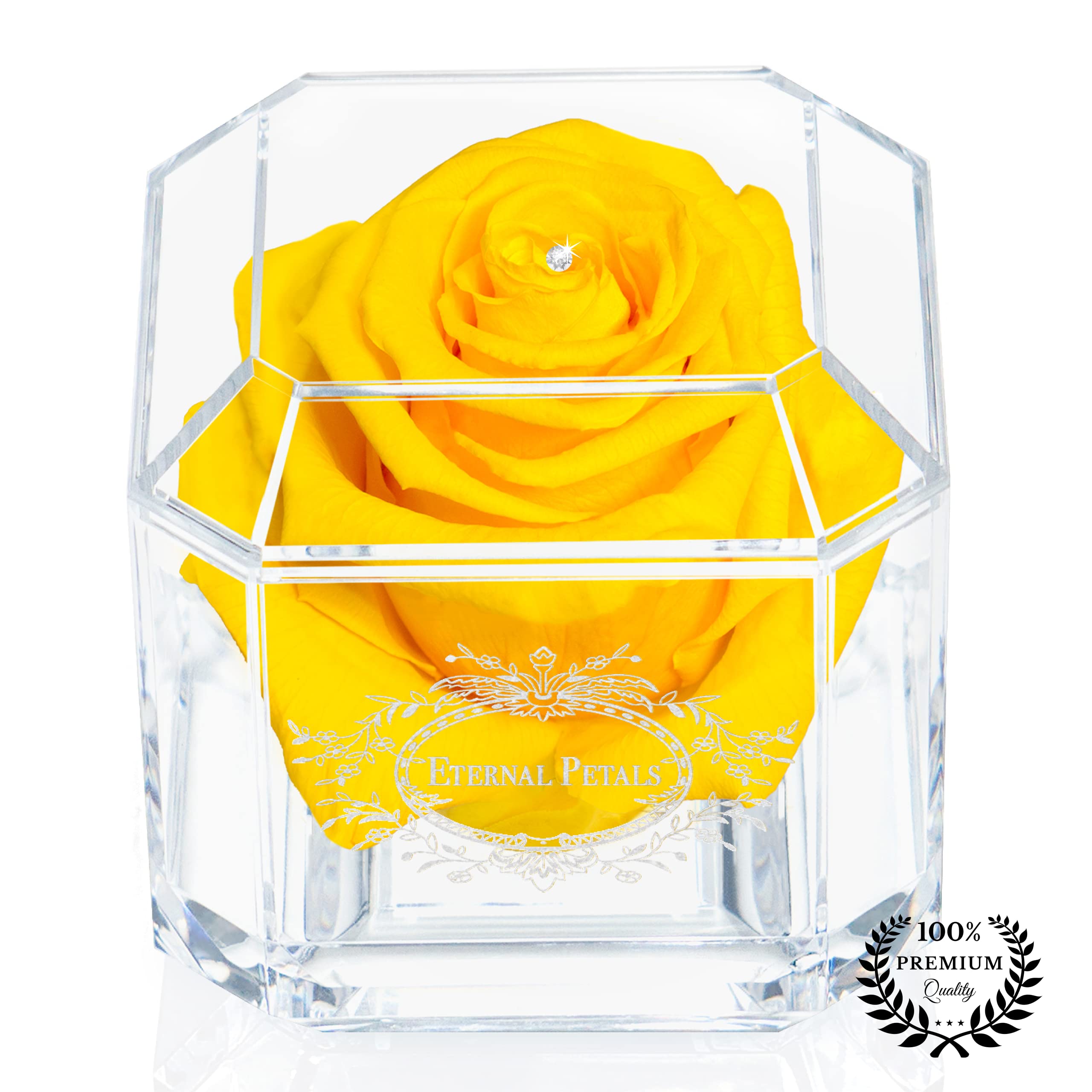 Eternal Petals A 100% Real Rose That Lasts Years, Handmade in UK – White Gold Solo with A Clear Crystal (Yellow)