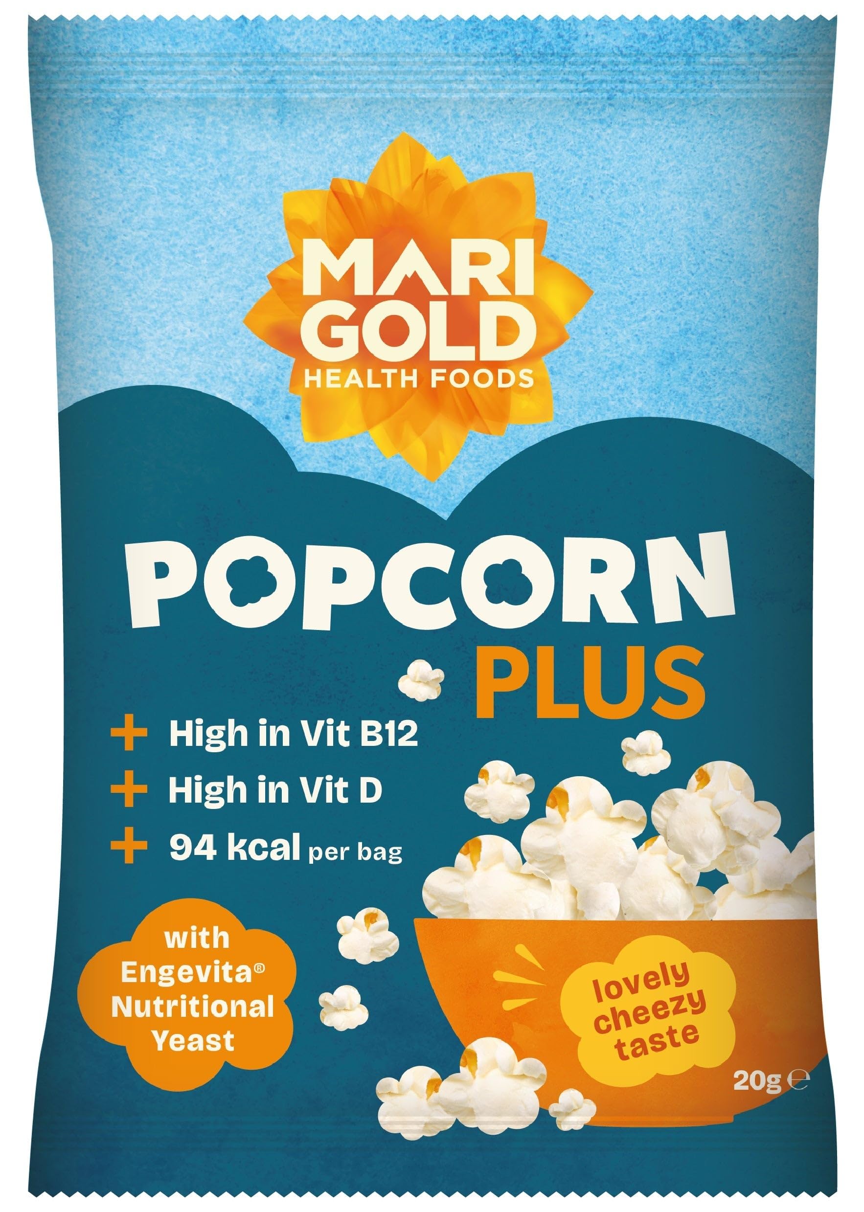 Popcorn Plus z drożdżami odżywczymi Engevita 20 g - wegańskie i bezglutenowe - bogate w witaminę B12 i witaminę D (opakowanie 18 sztuk)