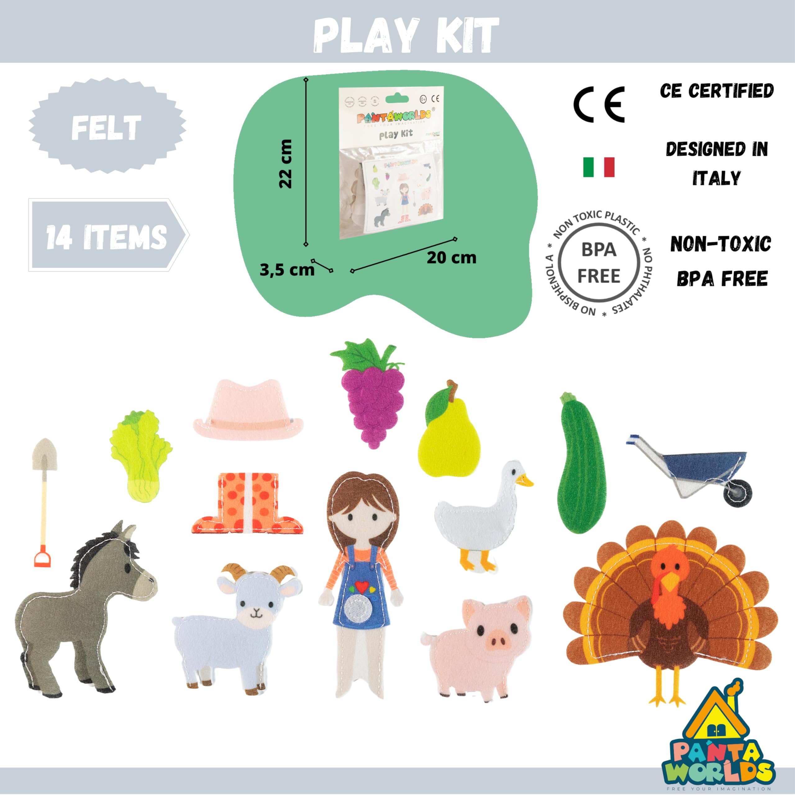 Pantaworlds | Play Kit Feltro per Quiet Book, Set Personaggi in Feltro per Libro Montessori Interattivo, Marionette da Mano per Bambini | Idea Regalo Bambini | Certificato CE | Fattoria (Animali-Orto) - 3