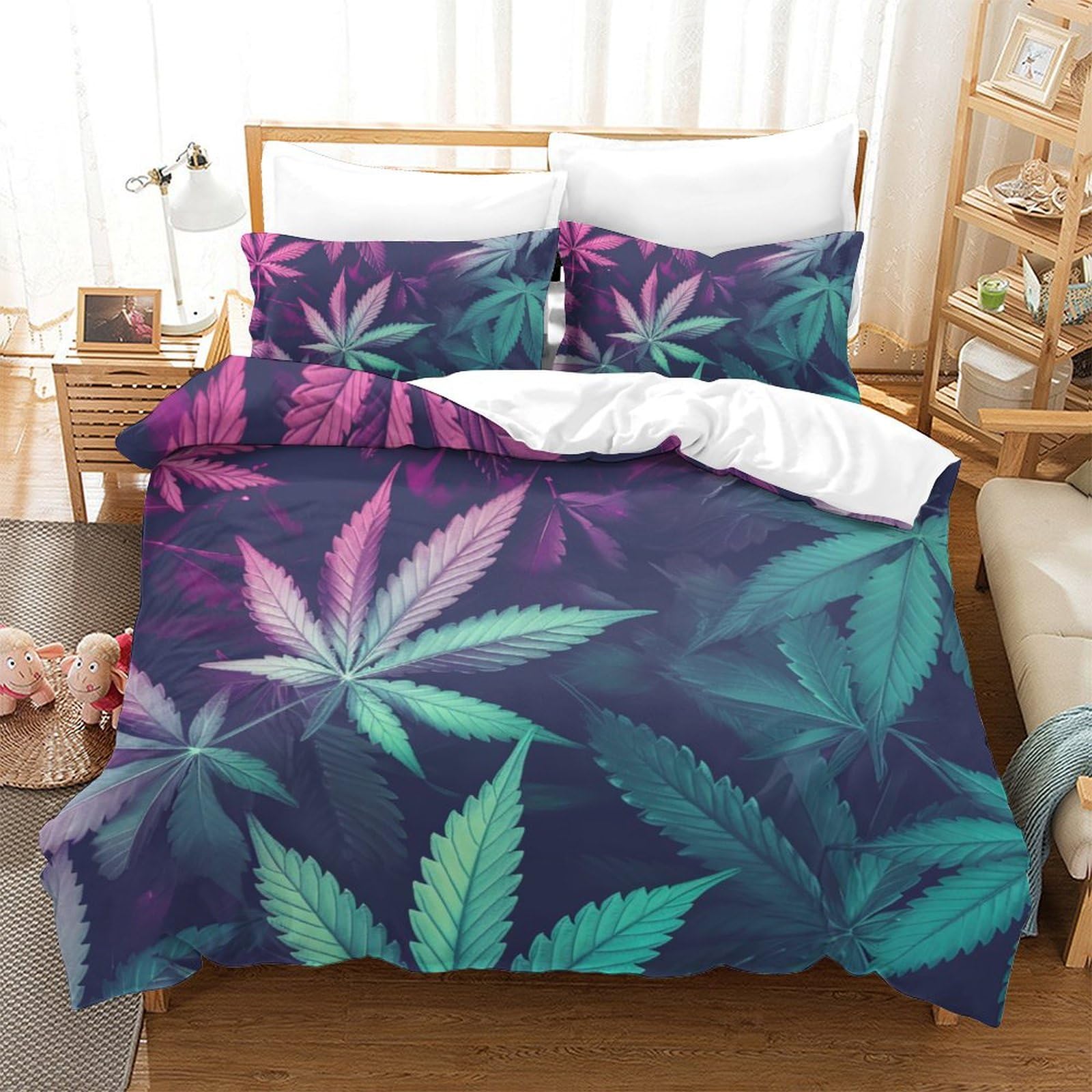 FZALUECVA Palm Leaves Duvet Cover Set Bedding Set 3D Microfiber Comforter Cover with Pillow Shams, 2 Piece Set, Zipper Quilt Cover Double（200x200cm）