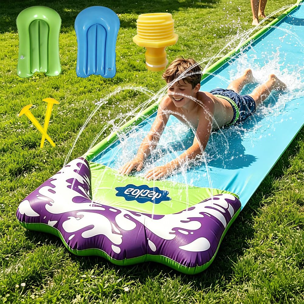 Scivoli d'acqua da 480 cm e 2 bodyboard, scivolo d'acqua per bambini, scivolo estivo per prato con irrigatore e piscina per bambini, adulti, cortile all'aperto (blu)