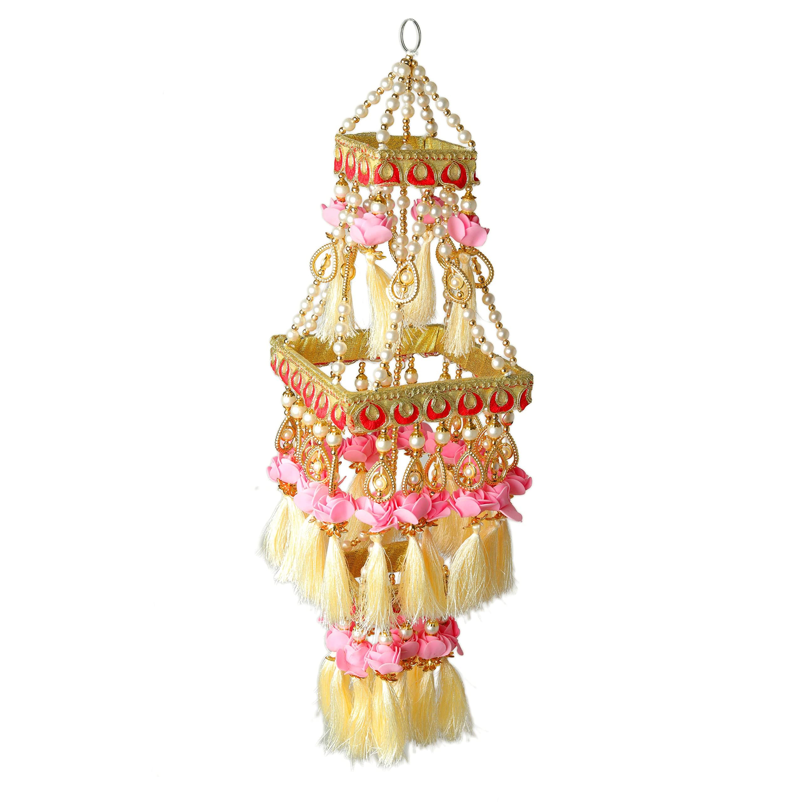 Wall Roof Square Centre Hanging Wall Roof Ceiling Hangings Jhoomar Rose Flower Hangings Decorative Ornament Indian Christmas New year Decorations Indoor Outdoor Home Décor (Size:-17")(Pink & White) - Image 2