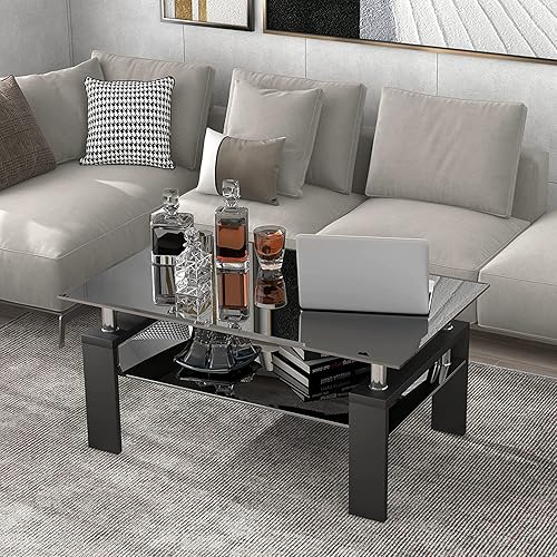 Miniatura 30 de Mesa de centro rectangular de cristal, mesas de centro de cristal para sala de estar, mesas transparentes para oficina en casa o conversación Negro