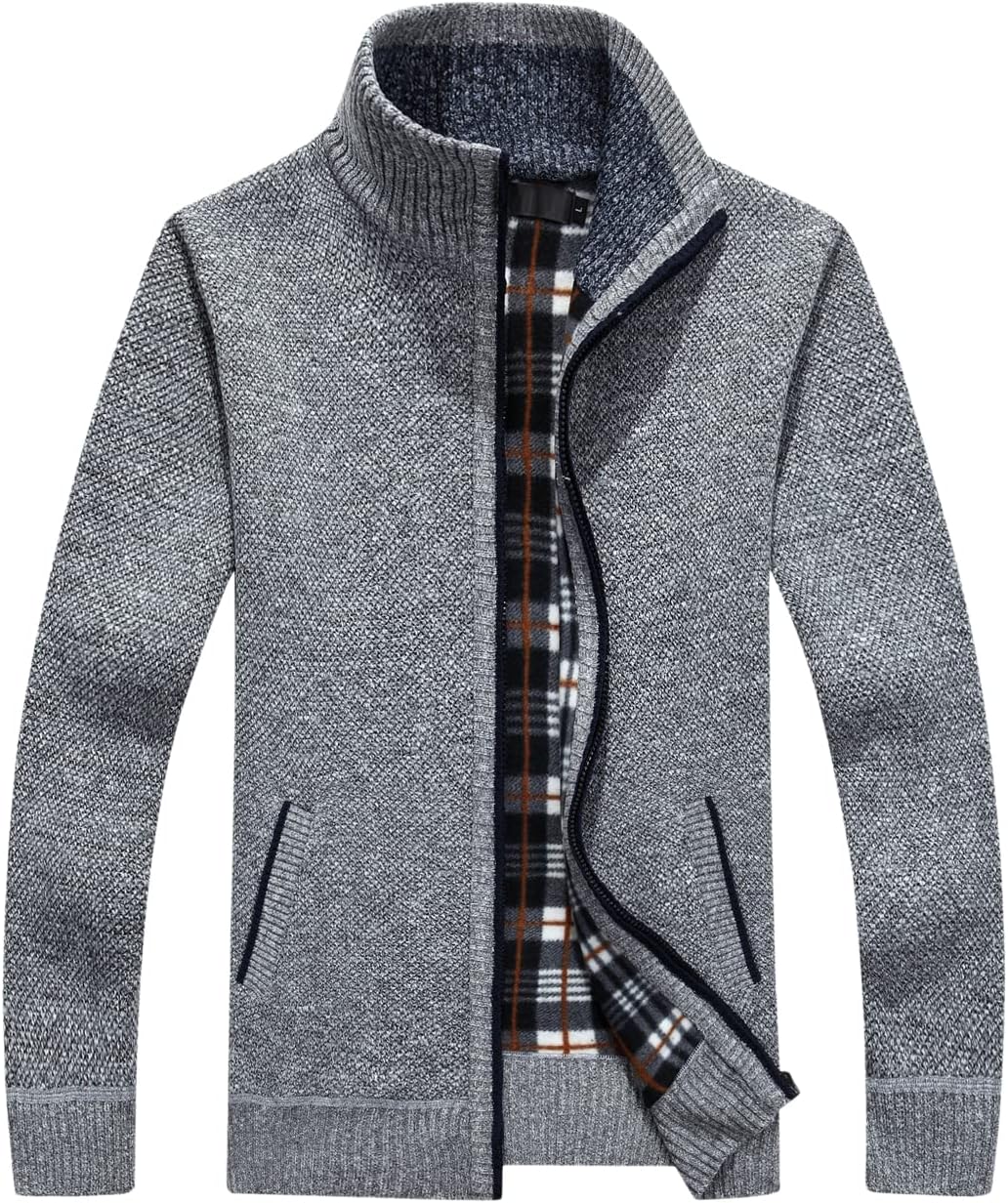 chouyatou Men's Classic Band Collar Full Zip Color-Block Stripe Cable Knitted Cardigan Sweater Coat