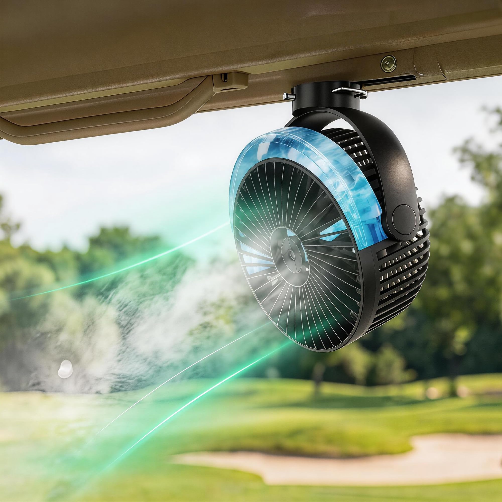 Magnetischer Golfwagen-Ventilator mit robustem Gurt, 12000 mAh, batteriebetrieben, tragbarer Ventilator mit 4 Geschwindigkeiten, LED, Timer, geeignet für EZGO Club Auto, Yamaha, Golfwagen