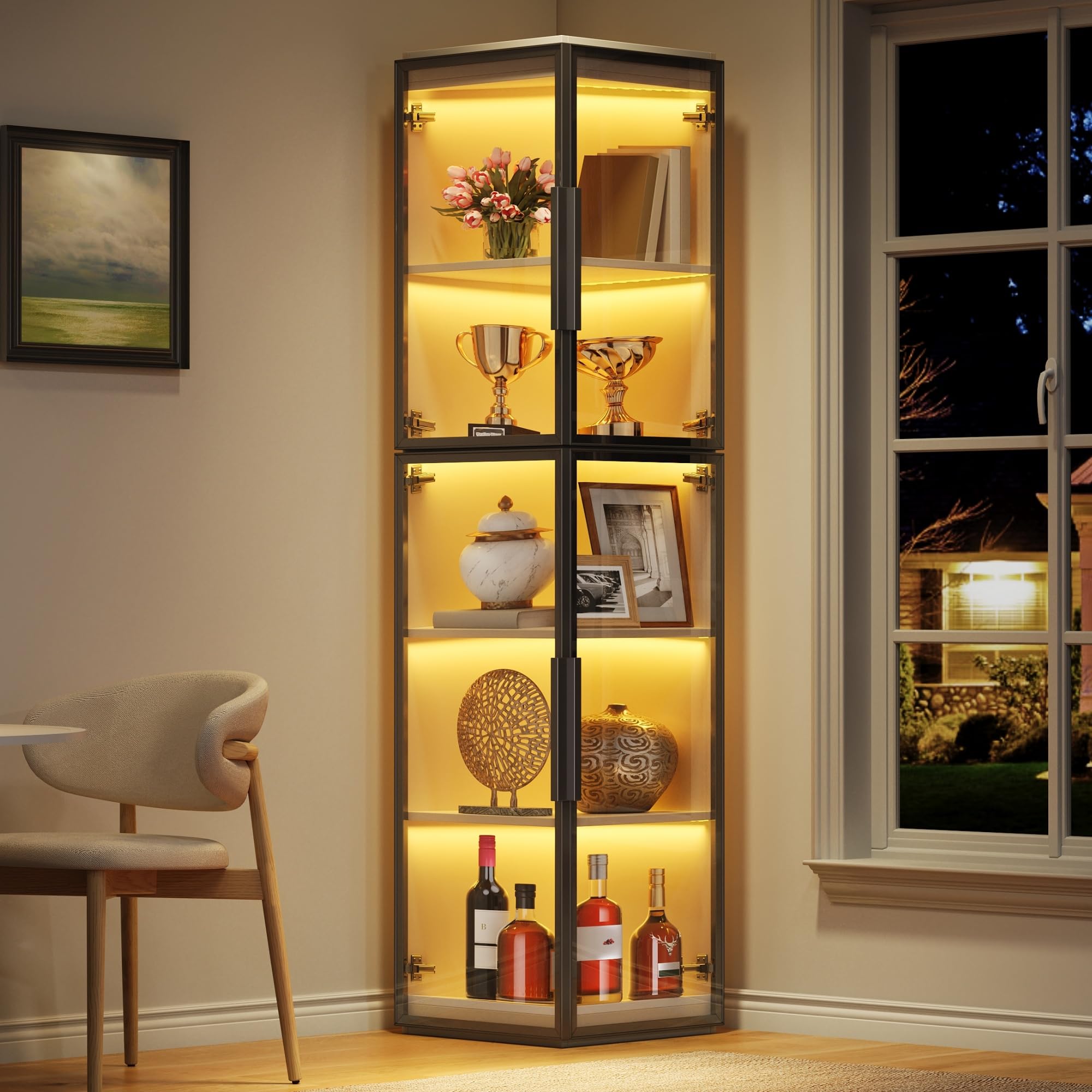 Dolamaní Vetrina angolare alta 170 cm con illuminazione a LED e doppie ante in vetro, vetrina acrilica autoportante, vetrina in vetro con 5 strati, dispositivo antiribaltamento (bianco D)