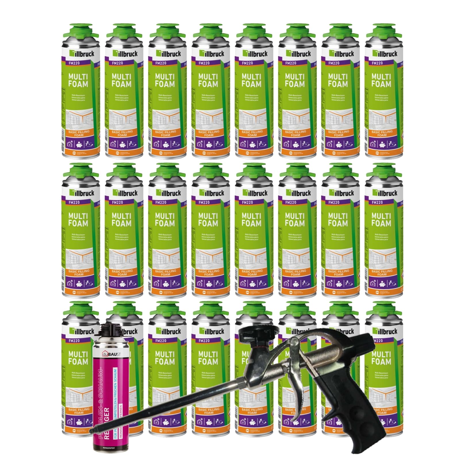 FM220 Bauschaum Montageschaum Pistolenschaum Multischaum Fensterschaum hohe Schalldämmung Wärmedämmung 500ml Kombisets (mit Reiniger AA290 + Schaumpistole Profi Teflon, 24x 500ml)
