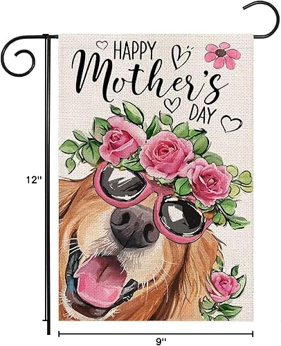 Miniatura 8 de Banderas de jardín para perros para el Día de la Madre, 12 x 18 pulgadas, doble cara, Golden Retriever con rosas y flores, pequeñas banderas de