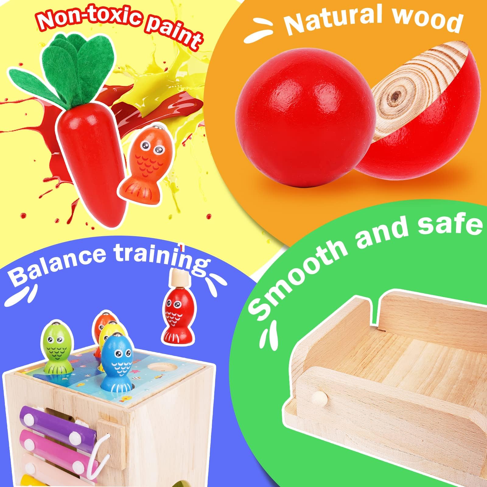 NUKied Montessori Jouet Bebe 1 2 3 an |9 en 1 Cube d'activités motrices dès |Frapper la Balle,Formes À Trier Empiler Jeu,Jouet de Récolte de Carottes,Jouet en Bois pour Cadeau Fille Garcon Bébés