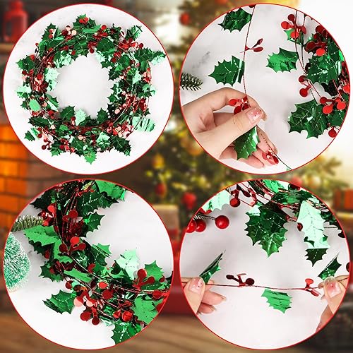 Miniatura 2 de CCINEE Guirnalda de alambre de Navidad de 75 pies, 3 rollos de guirnaldas de oropel de hojas rojas y verdes para decoración de árbol de Navidad,