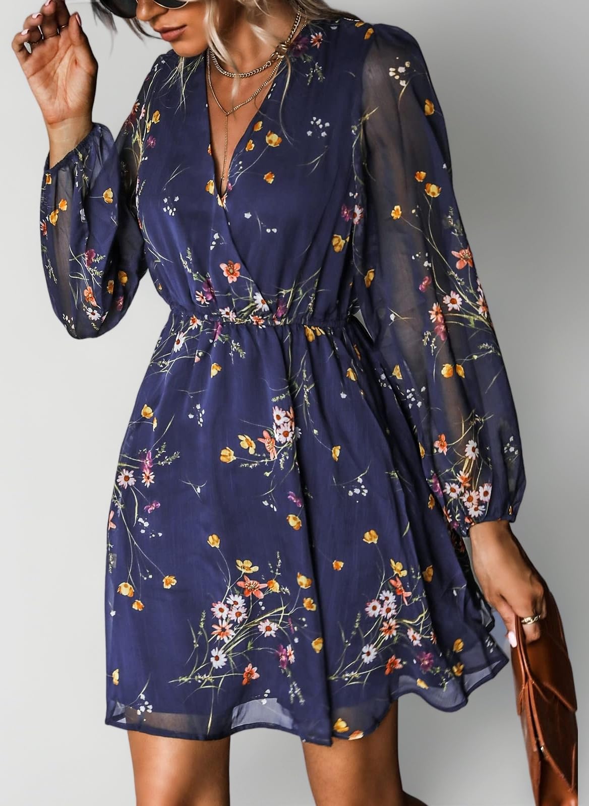 Women's Floral Print Chiffon A-Line Mini Dress Long Peasant Sleeves Elastic Autumn Dress