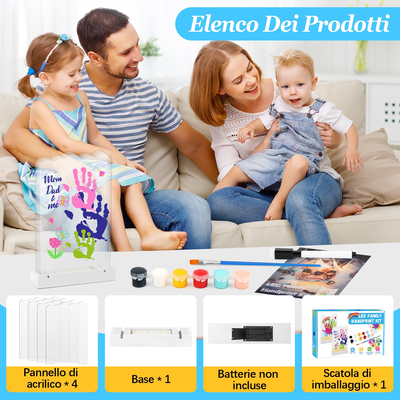 Herefun Kit Impronta Mani e Piedi Neonati per 4 Persone, Kit Impronte Mani Famiglia Con Base LED Illuminata, Neonati Ideale Regalo per Nascita, Nuovi Genitori, Battesimo Bimbo (A)