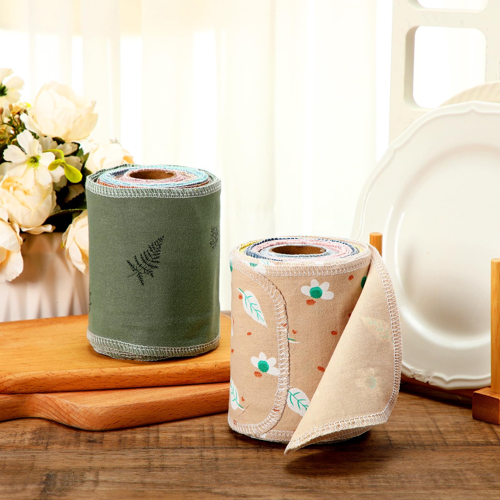 VitalCozy 50 Pcs Reusable Toilet Washable Bidet Towels Rerollable Cloth Wipes Paperless Towels Roll Absorbent Cotton for Kitchen Paperless Dishcloths (Nice Flower)