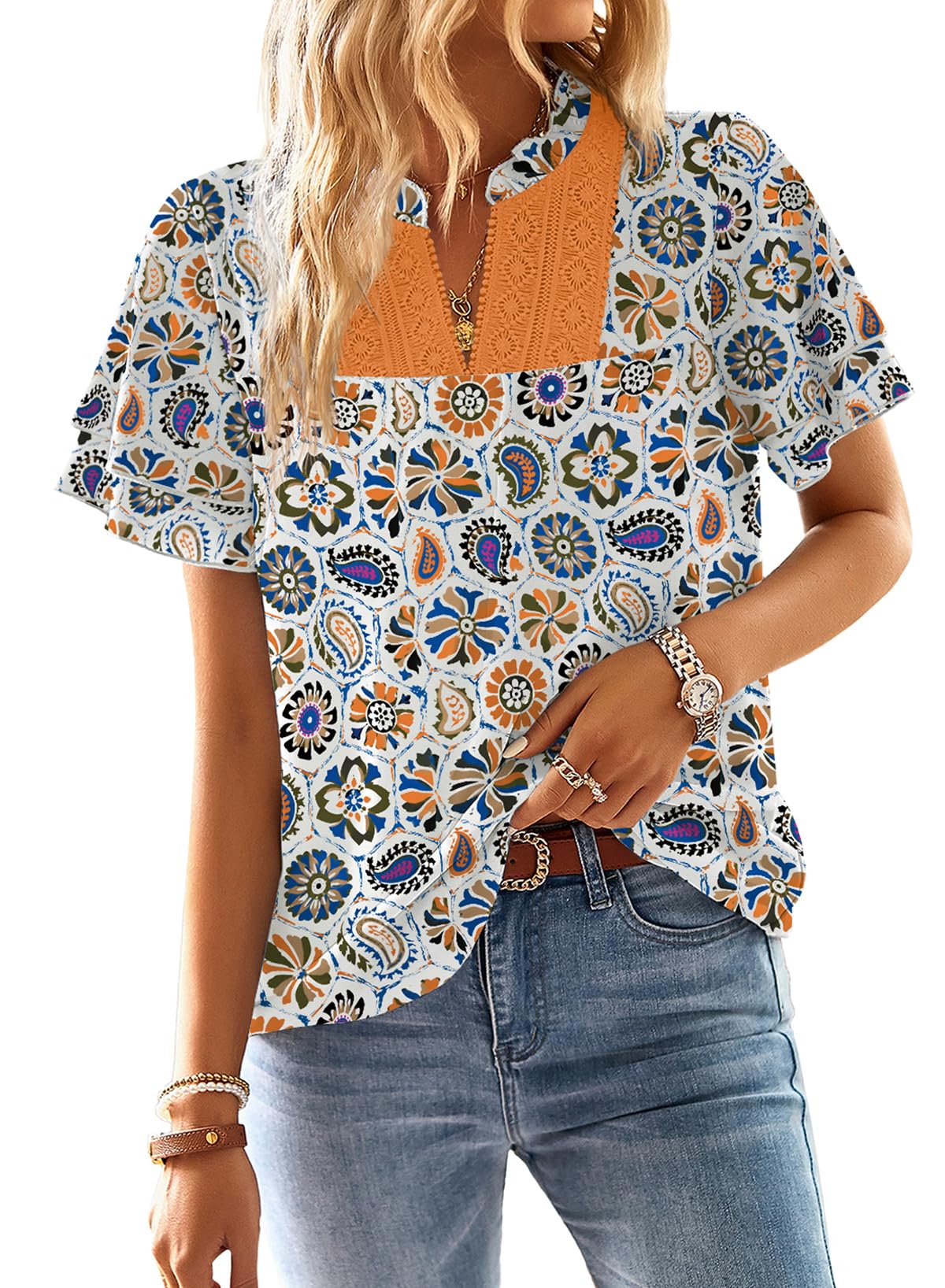 Falechay Womens Tops Boho Flowy Shirts Dressy Casual Short Sleeve Blouses | V Neck Loose Fit Blouses, Business Work, Hide Tummy, Lace Ladies Summer Outfits, Swiss Dot, Babydoll Crochet Clothes XS-6XL