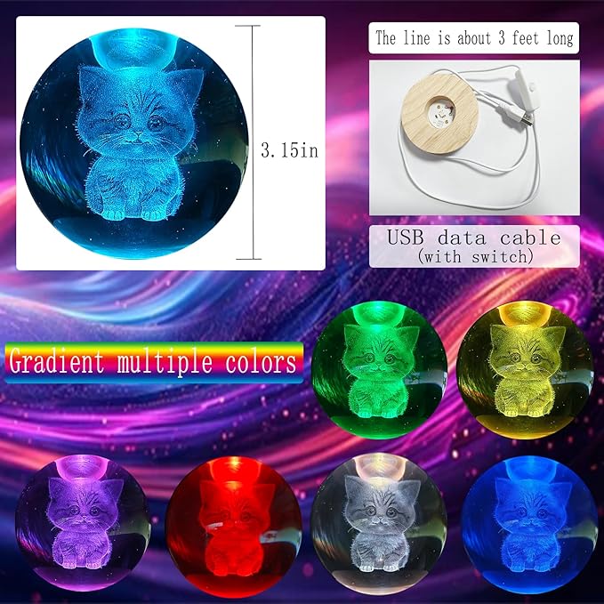 KAZETEC 3D Kitten Crystal Ball 3.15" / LED Gradient Color Wooden USB Switch Base/Cat-Themed Couple Gift/Birthday, Christmas, Valentine's Day, Thanksgiving, Mother's Day Gift photo 2