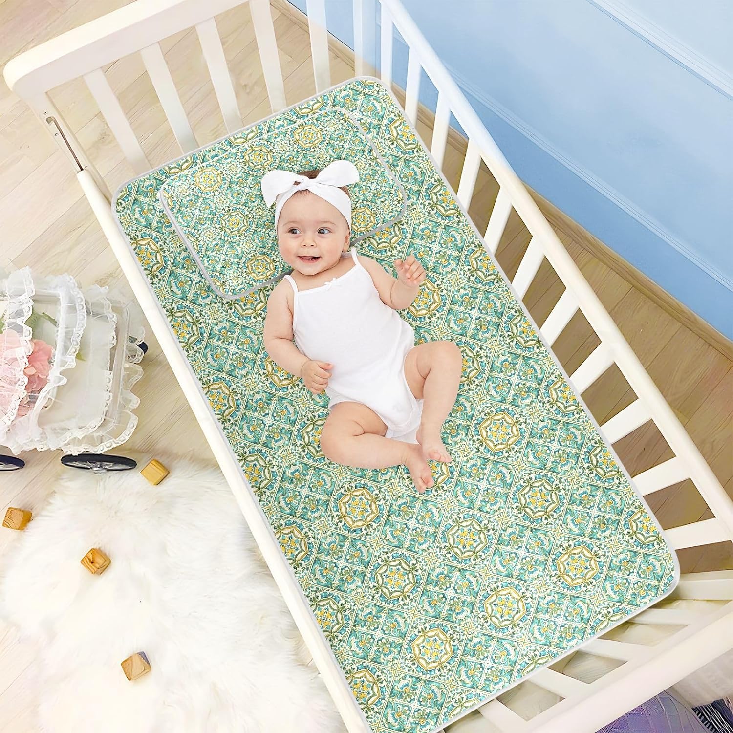 Baby Cooling Mat Ornamental Floral Ice Silk Breathable Mesh Summer Crib Mattress Pad with Pillowcase, Soft Cooling Sleeping Surface for Infant & Toddler, 52"x28"