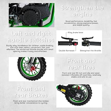 49cc Dirt Bike for Kids, 2-Stroke Gas Power Motocross Kids Ride Bike Off-Road Gas Powered Bike, Mini Pocket Bike With front rear disc brake and handlebar switch Green