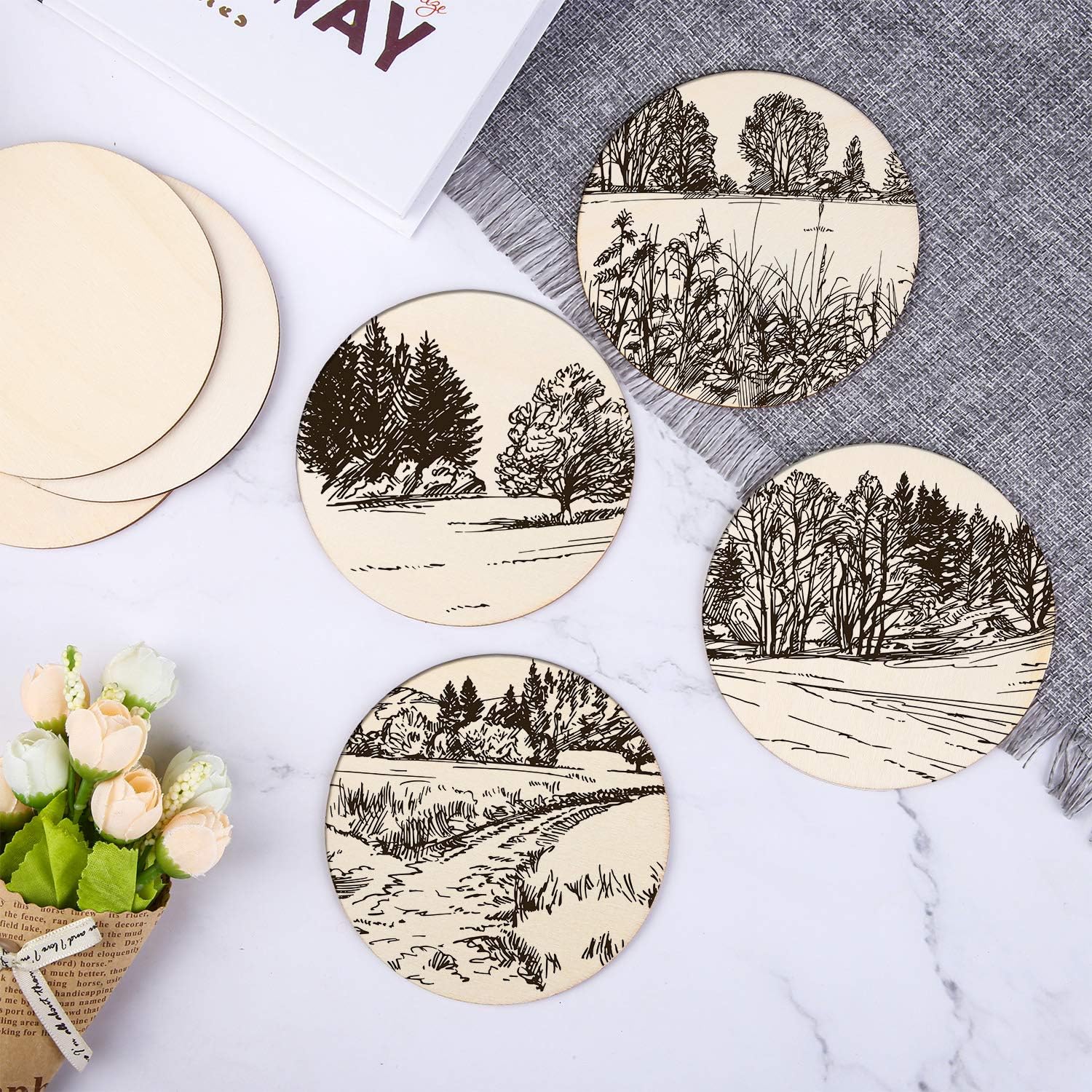 Motarto 80 Pieces 4 Inch Wooden Circles for Crafts Unfinished Wood Circle Wood Pieces Blank Wood Slices for Coasters and DIY Home Decor