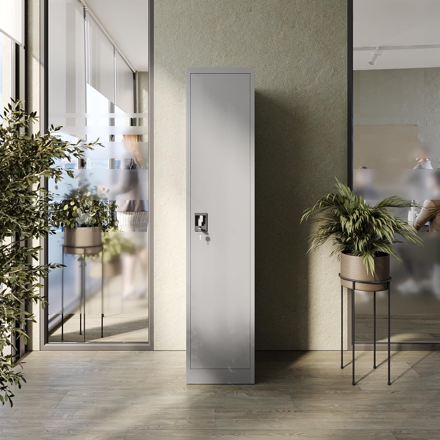 Muralo Metallschrank mit 4 verstellbaren Fachböden Abschließbar - Hellgrau | Aktenschrank 185x40x45 cm mit Sicherheitszylinderschloss, Belastbar bis 50 kg, Pulverbeschichtung, ideal für Büro, Werkstatt