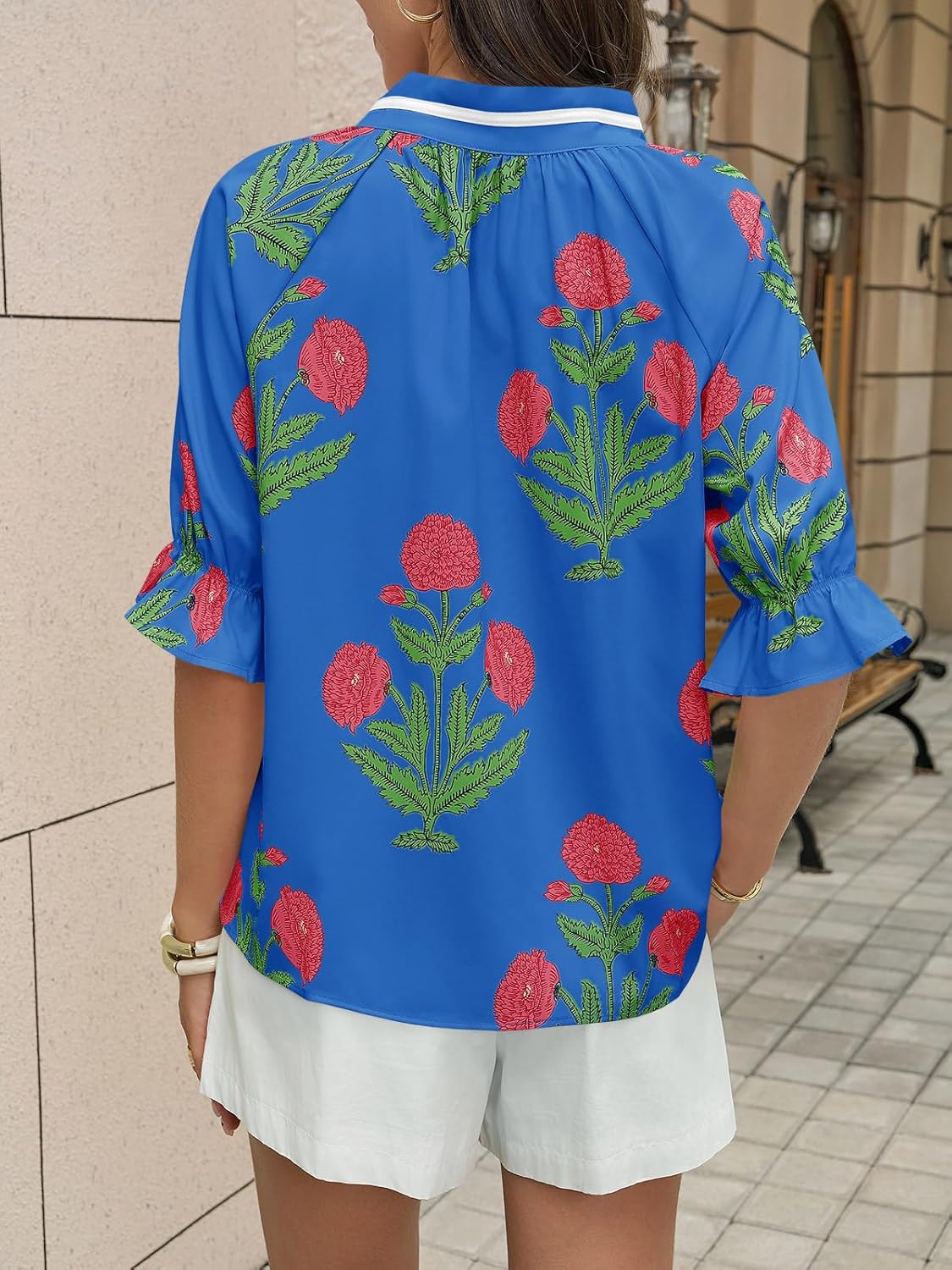 Cicy Bell Womens Boho Floral Blouses Puff Ruffle Sleeve V Neck Summer Shirts Dressy Casual Flowy Blouse Tops - Image 4